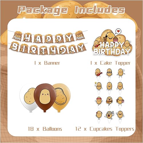Miniatura 2 de Suministros de fiesta de patatas con dibujos animados, decoraciones de fiesta de cumpleaños, incluye pancarta de patata de feliz cumpleaños,