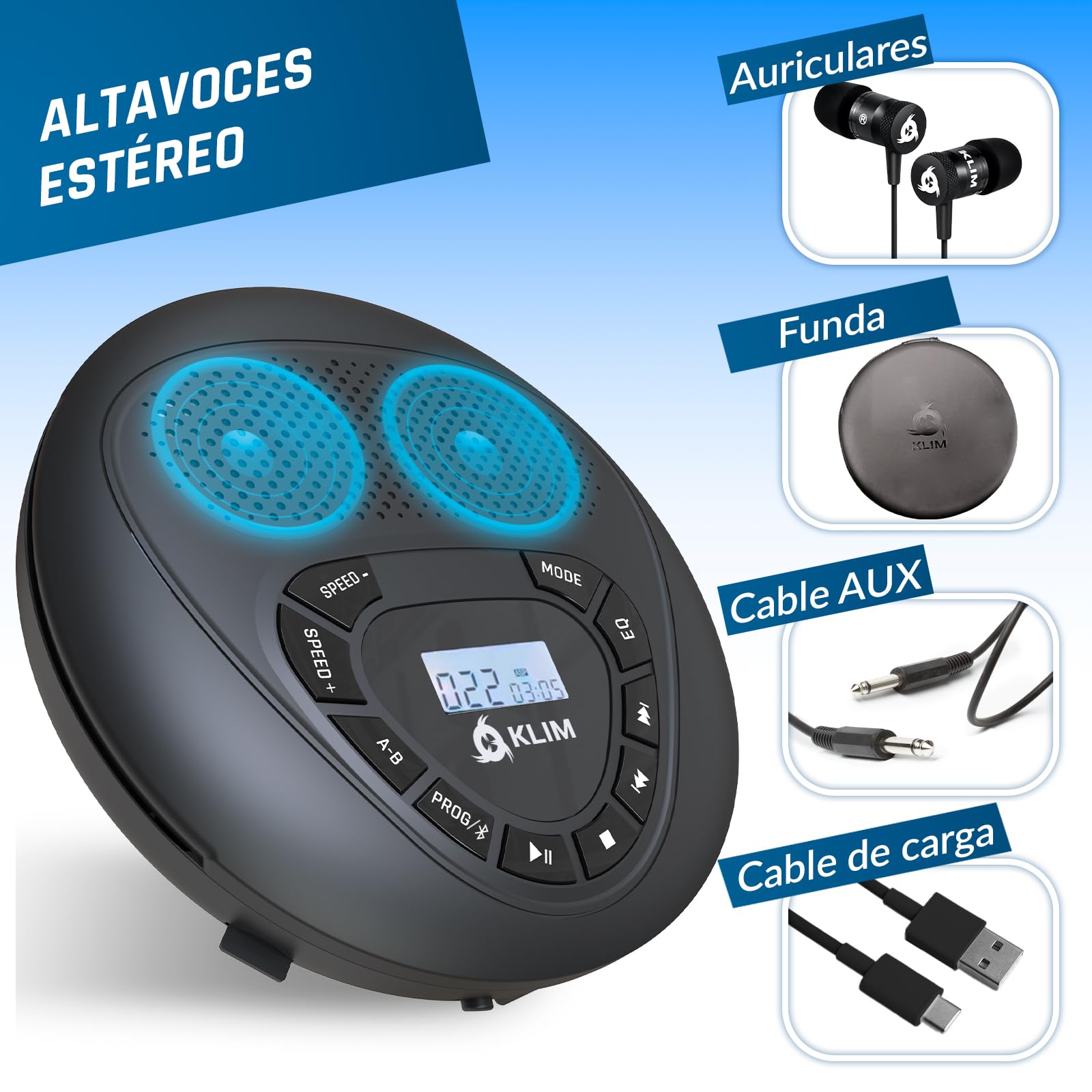 KLIM Speaker BT - Reproductor de CD portátil con Altavoces - Nuevo - con batería recarable - Discman CD portatil - Auriculares - Lector de Tarjetas SD/TF, AUX, Ideal para el Coche