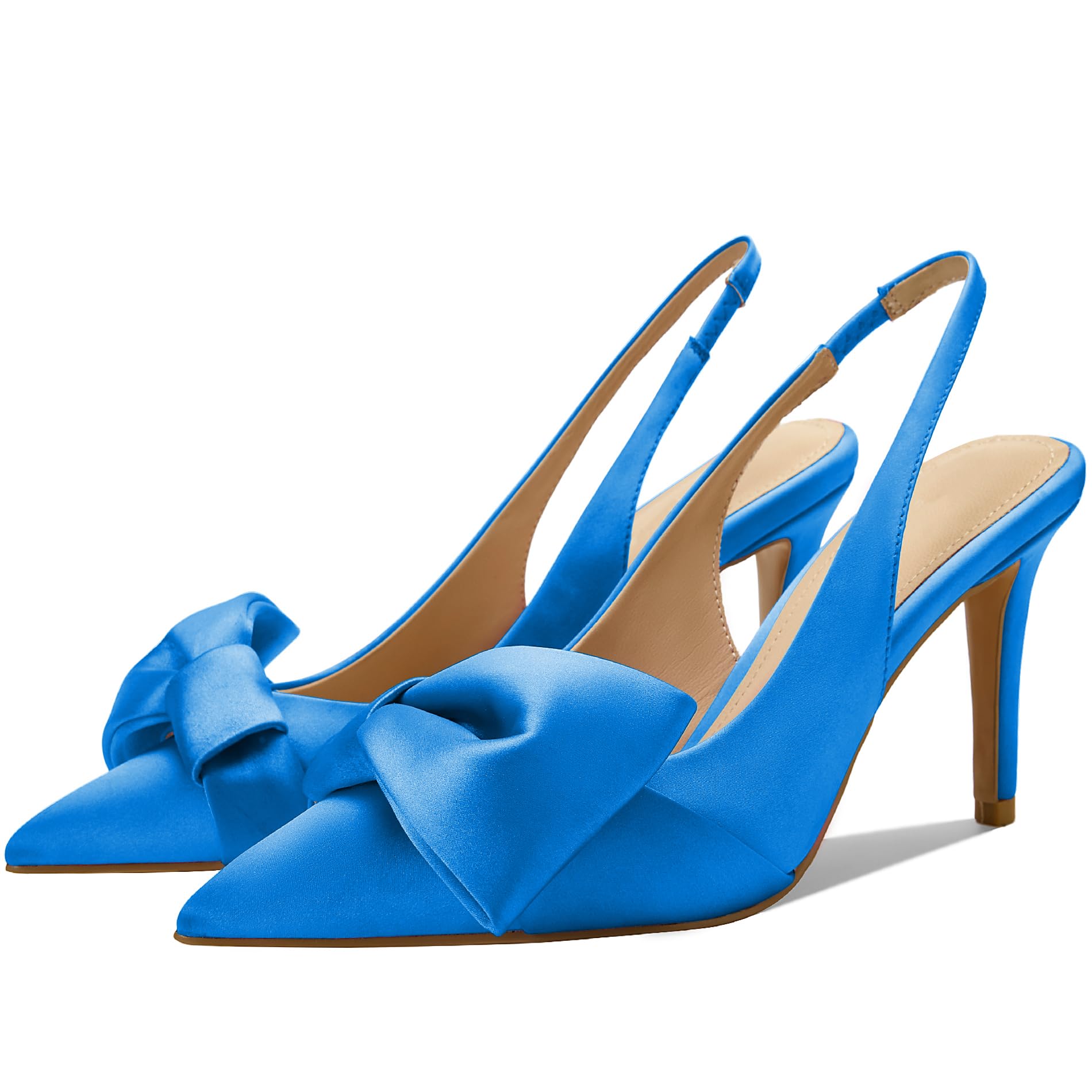 Women's Slingback Heels with Bow Pointed Toe Pumps with Elasticated Strap 3.3" High Heels for Evening Dress Shoes
