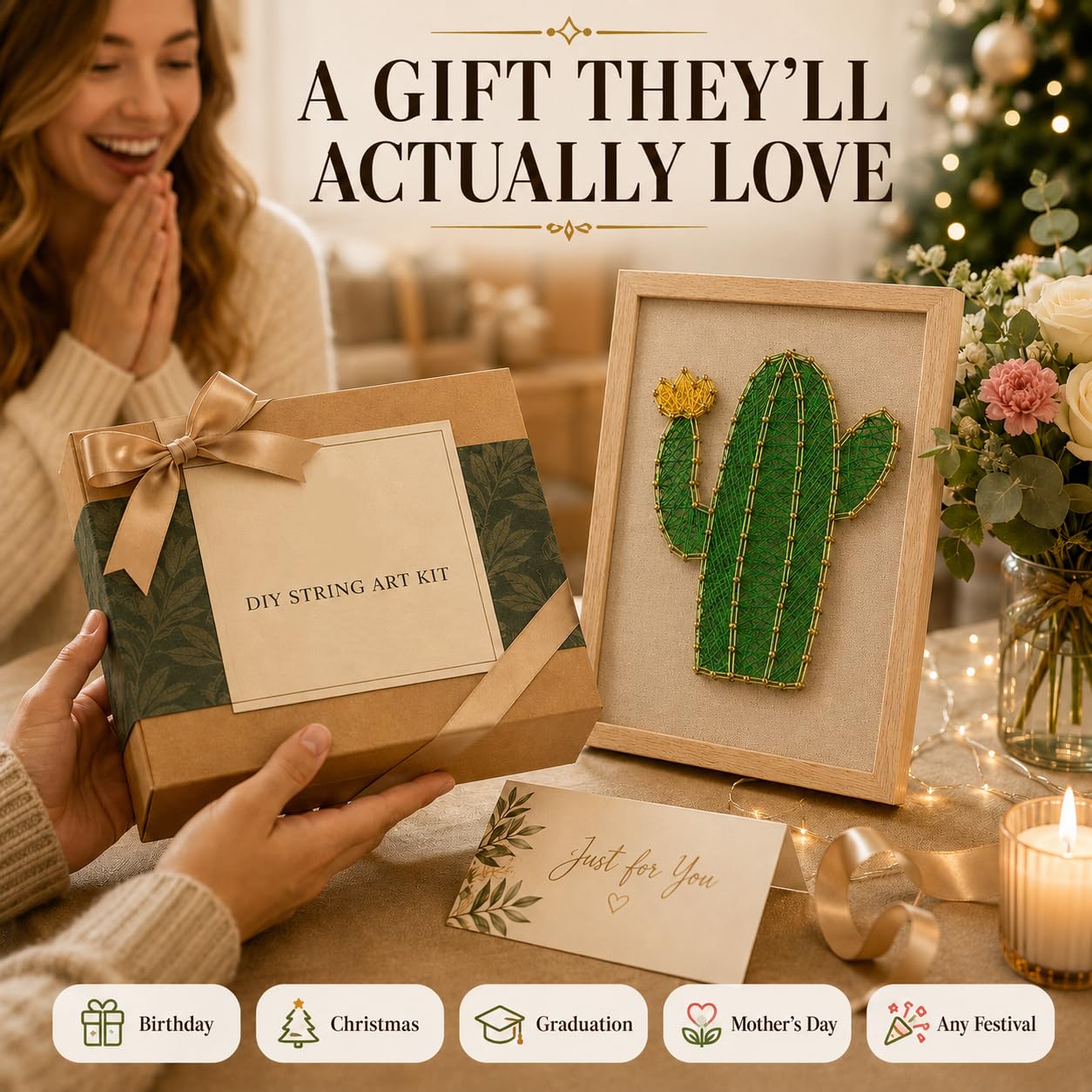 FunSpace Manualidades con Hilo y Clavos con Bastidor y Todos los Accesorios Necesarios para Niños, Adultos, Estudiantes - Decoración de Pared para el Hogar - Regalo Único (Cáctus)