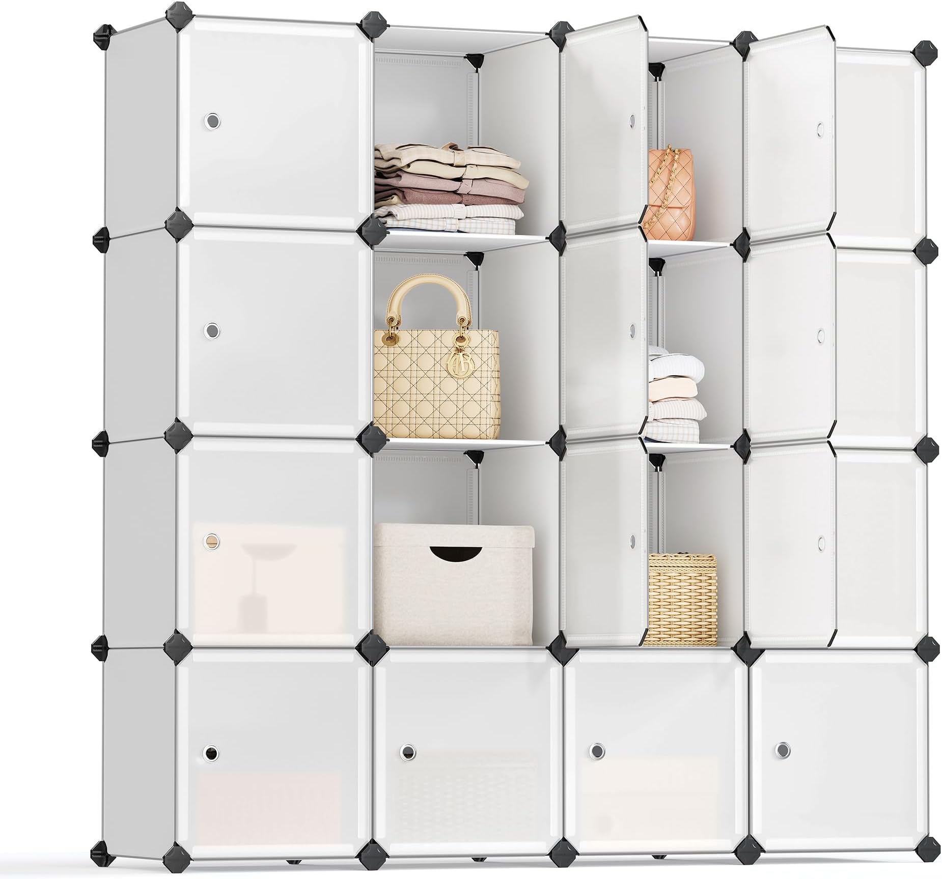 16-Cube Storage Unit, Shoe Rack, Stackable Cubes, Plastic Closet Cabinet, Wardrobe, with Doors, for Bedroom, Office, Easy to Assemble, White LPC44BS