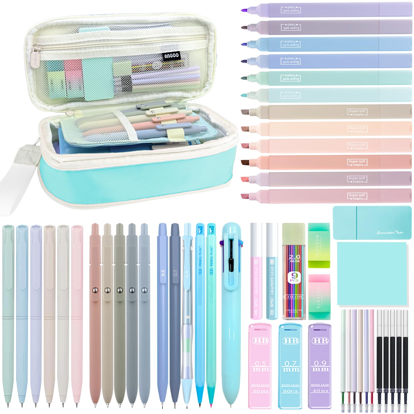Set di articoli per la scuola estetica, 54 pezzi, con astuccio, 12 evidenziatori, 5 penne gel nere e 6 colorate, penna a sfera 6 in 1, 5 matite meccaniche da 0,5-2,0 mm, per articoli essenziali per il