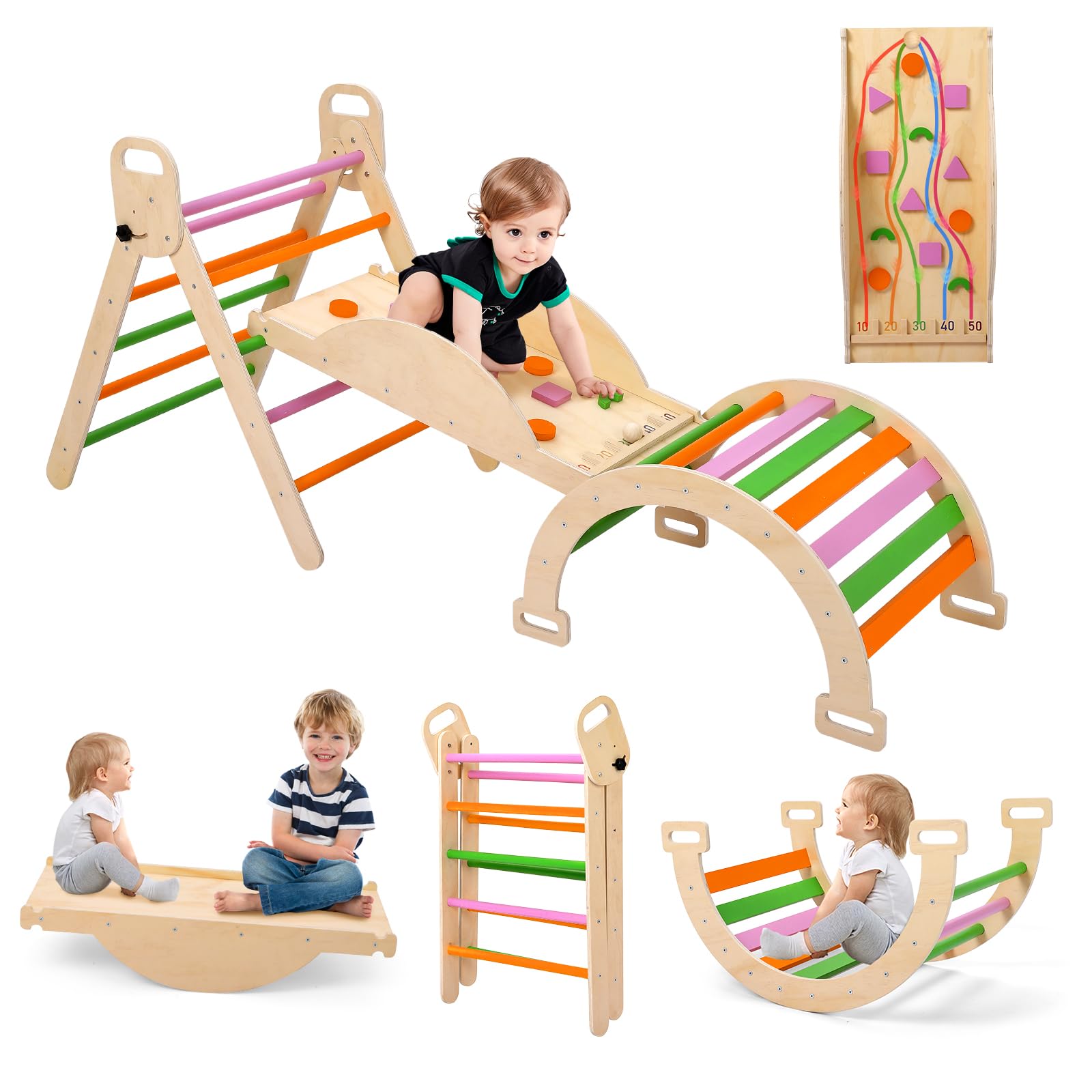 GarveeLife 9-in-1 Montessori Kletterdreieck Set Mit Rutsche, Schaukelbogen | Leiter, Pinball-Spiel Und Wippe, Holz Klettergerüst Für Babys & Kleinkinder, Indoor Spielgerät, Faltbar & Sicher Holzset