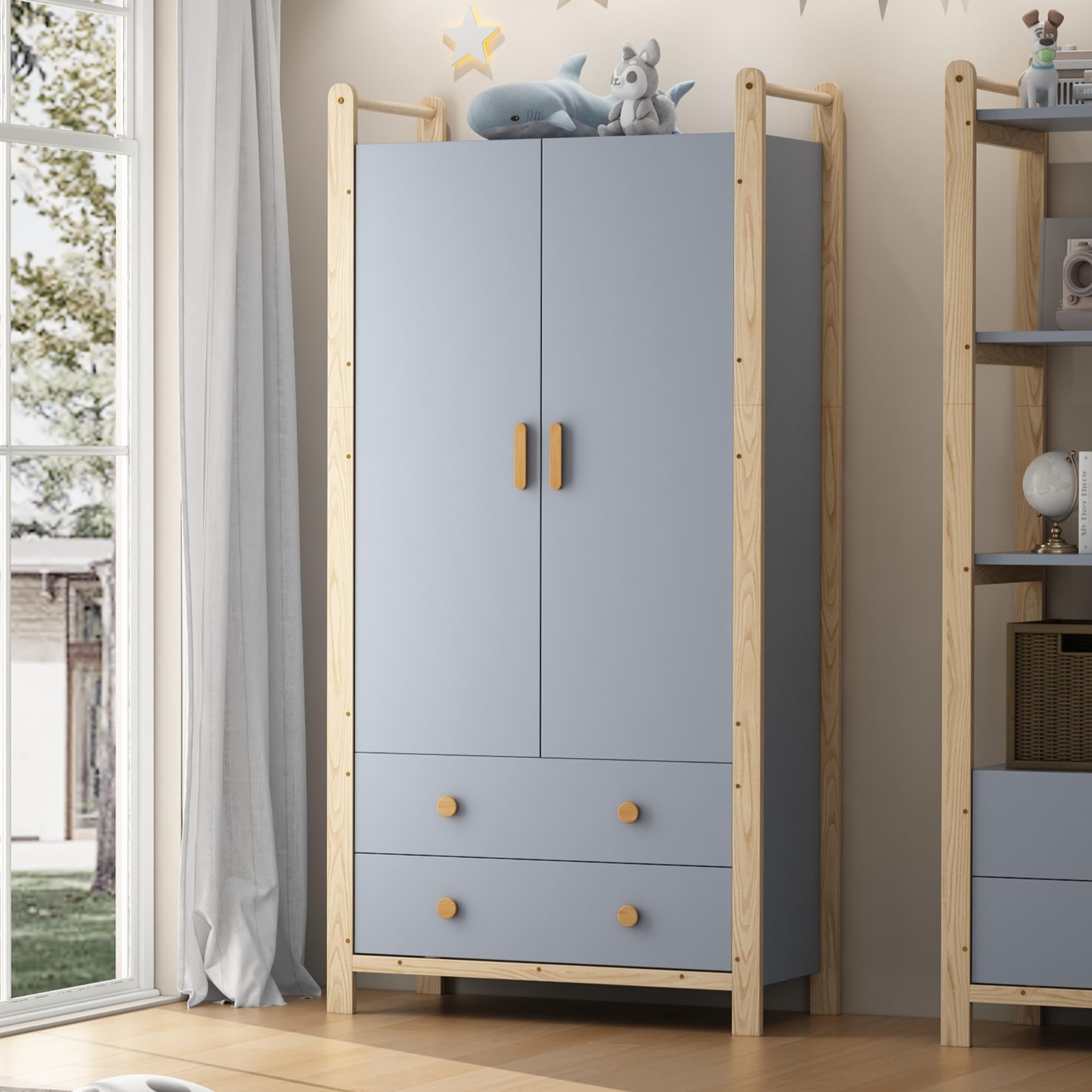 Armario para Niños con 2 Puertas y 2 Cajones 180x90x45 cm Armario Ropero de Madera con Barra para Colgar, Ropero Estrecho Moderno para Dormitorio, Salón, Perchero de Pasillo, Azul y Natural