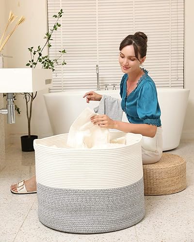 Miniatura 7 de Cesta de cuerda de algodón grande de 24 x 24 x 17 pulgadas, cesta de almacenamiento extragrande, cesta de lavandería tejida, contenedor de