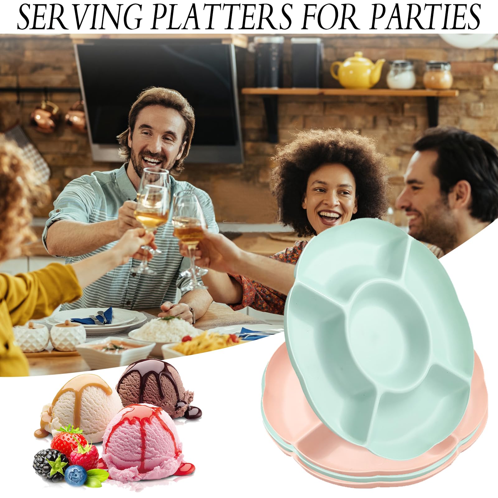 4 Piatti Porta Snack Con 5 Scomparti: Vassoi Riutilizzabili In Plastica Per Frutta, Caramelle, Noci E Dessert, Rosa E Blu - 2