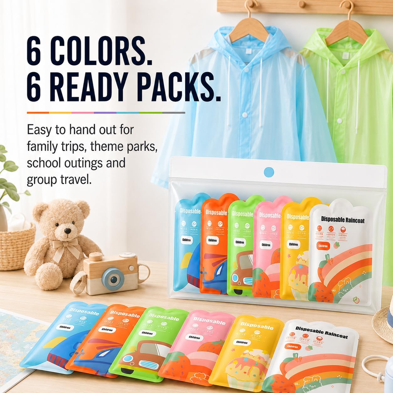 Disposable Raincoat 7 Packs – 7 Colors, Ultra-Compact Waterproof Ponchos with Windproof Hood & Elastic Cuffs