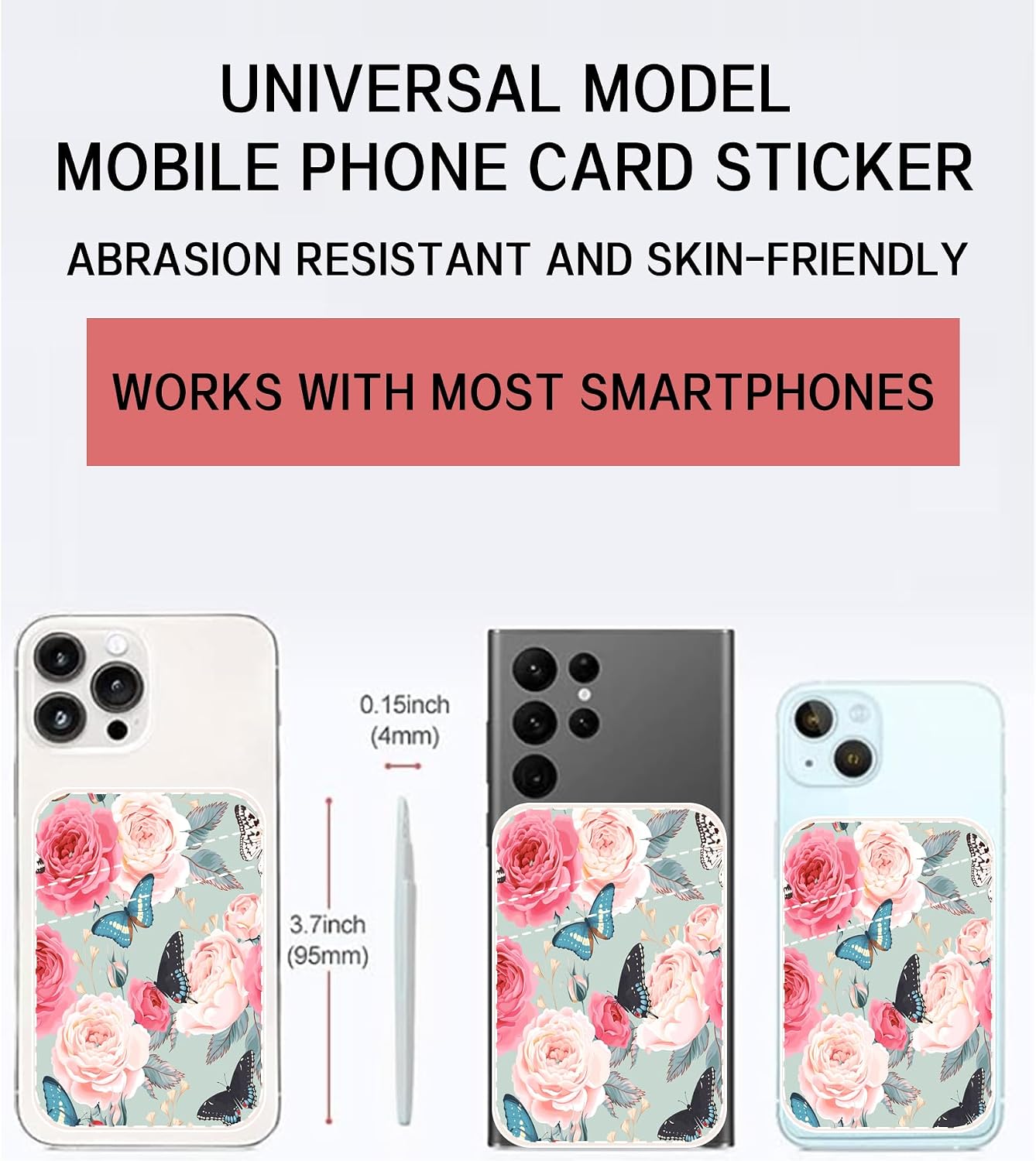 Dual Pocket Leather Phone Wallet Adhesive Stick On, Cute Card Holder for Credit Cards, Compatible with Most Phones - Cute Rose Butterfly