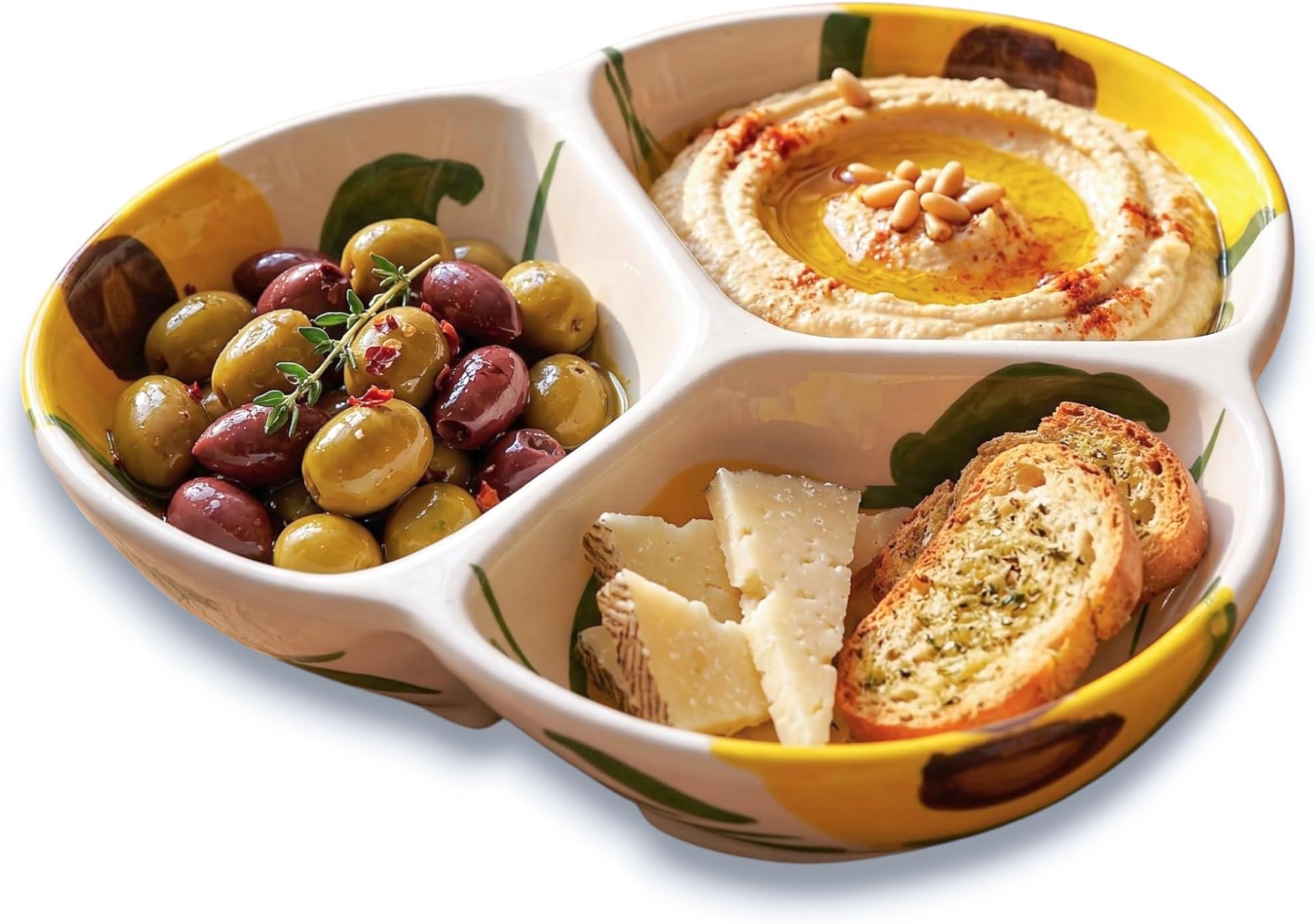 3-Compartment Ceramic Chip & Dip Bowl, Handmade in Spain | 7.5” divided serving dish with lead-free glaze, safe for microwave, oven and dishwasher, ideal for tapas, snacks and sauces