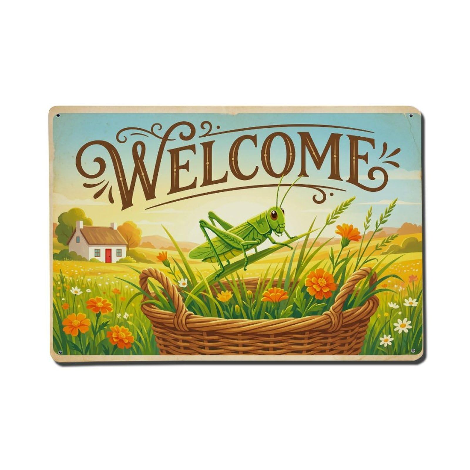 Vintage Welcome Grasshopper Joyful Vibes Metal Tin Sign
