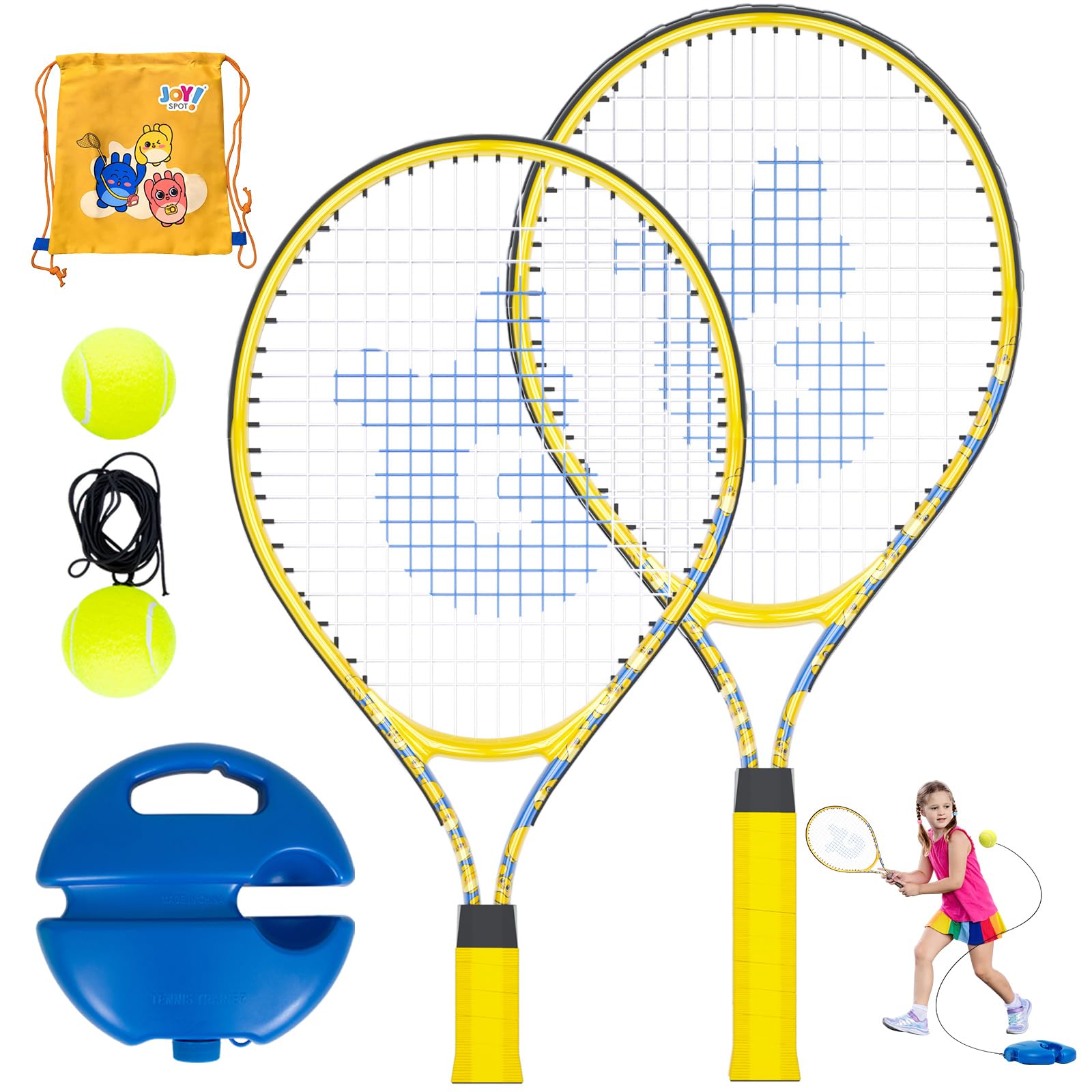 Kids Tennis Rackets 2 Pack with Tennis Trainer Rebound Balls, Size 19" & 21" Tennis Training Equipment for Parent-Child Activities, Portable Beginners Junior Youth Tennis Practice Kit for Boy Girl
