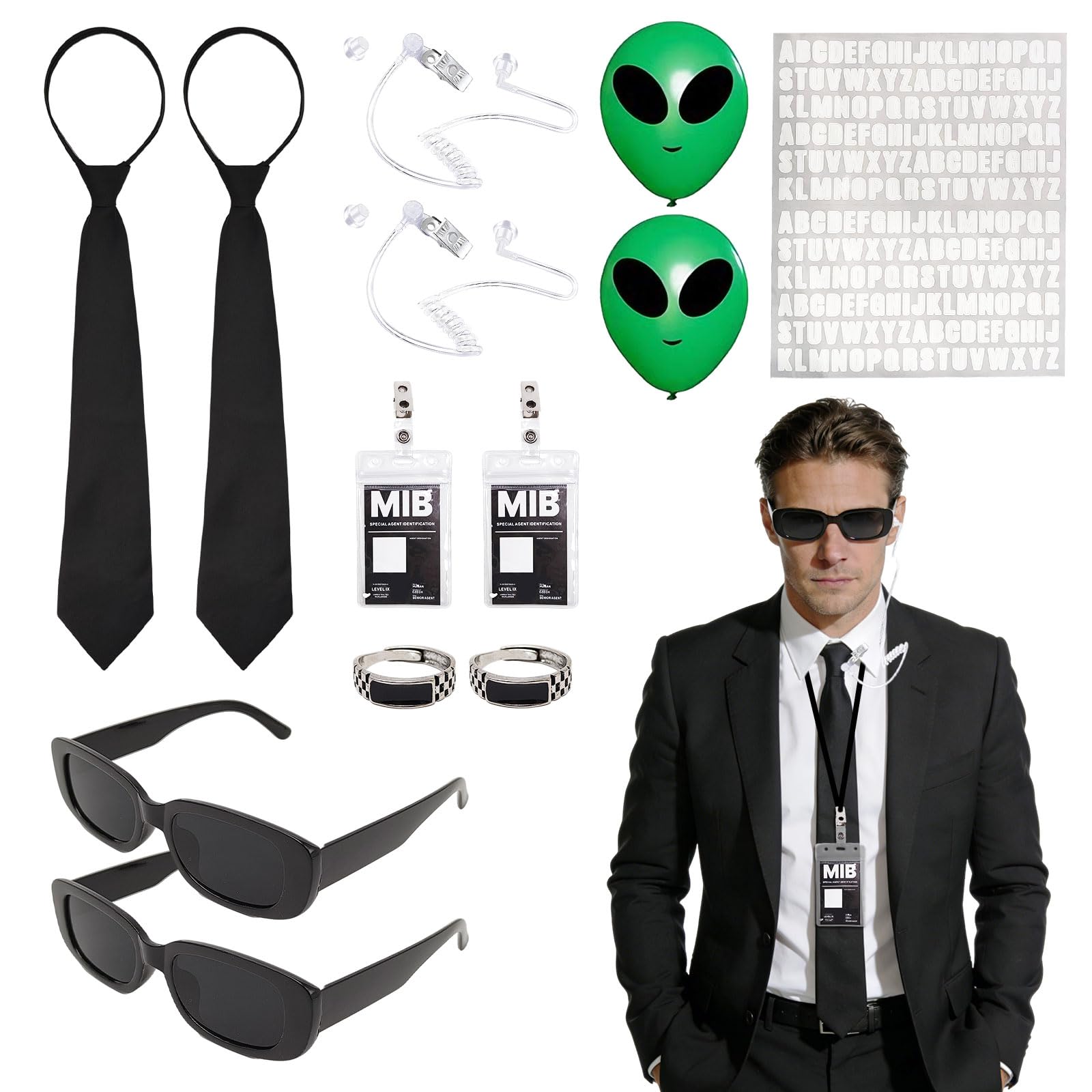 GYIOFAI 15 Pcs Adults Agent Accessories Set, Secret Service Cosplay Set Spy Costume Kit, with Sunglasses,Tie,Ring, Fake Earpiece, ID Card Prop, Security Guard Dress Up Role Play Halloween kit (Black)