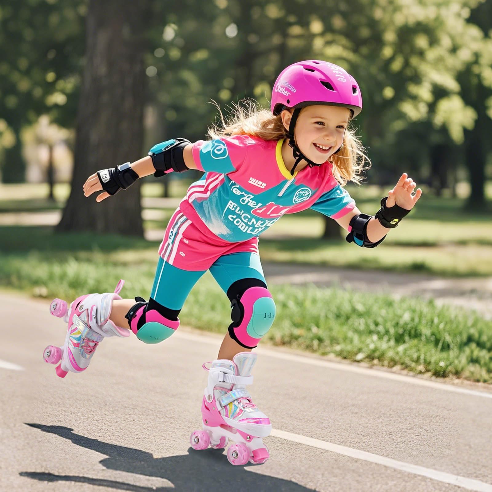 Roller Enfant Fille Patin a Roulette Fille Rollers Quad avec 8 Roues Lumineuses Taille Réglable pour Enfants