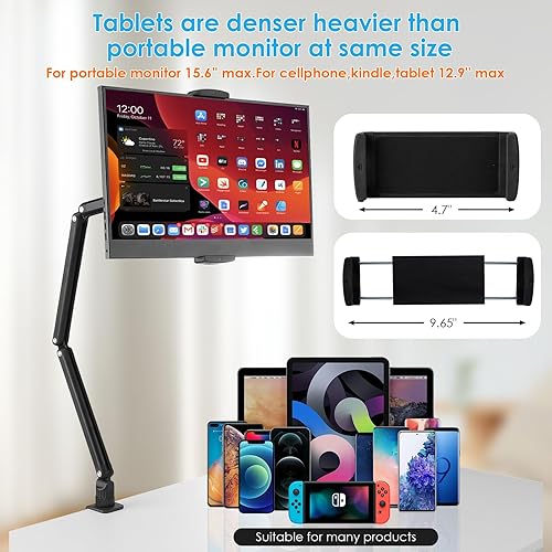 Miniatura 2 de Soporte de tablet para iPad, Kindle, soporte de monitor portátil de 15.6 pulgadas máximo, brazo plegable de montaje de tableta para iPad con base