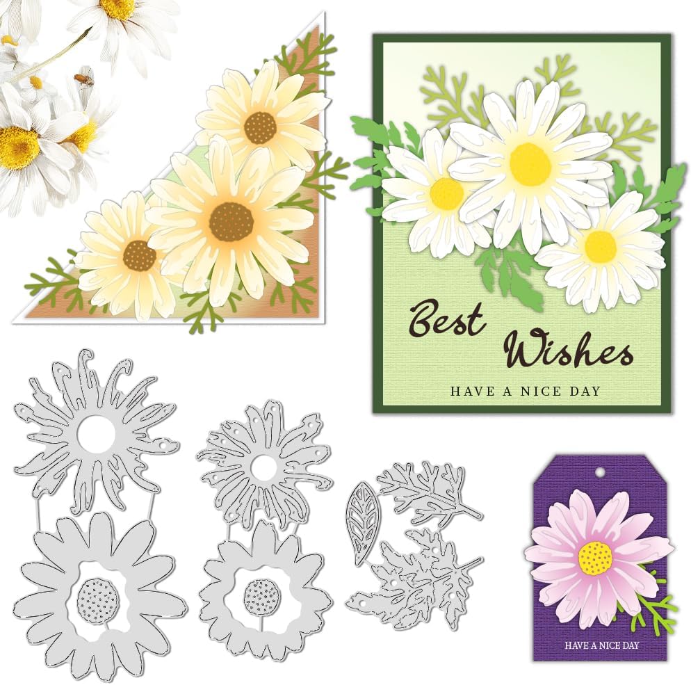 3Pcs Daisy Die Cuts for Card Making Daisies Cutting Dies Daisy Flowers Metal Die Cuts Chrysanthemum Cutting Dies Stencils for DIY Scrapbooking Album Decorative Embossing Paper Crafts