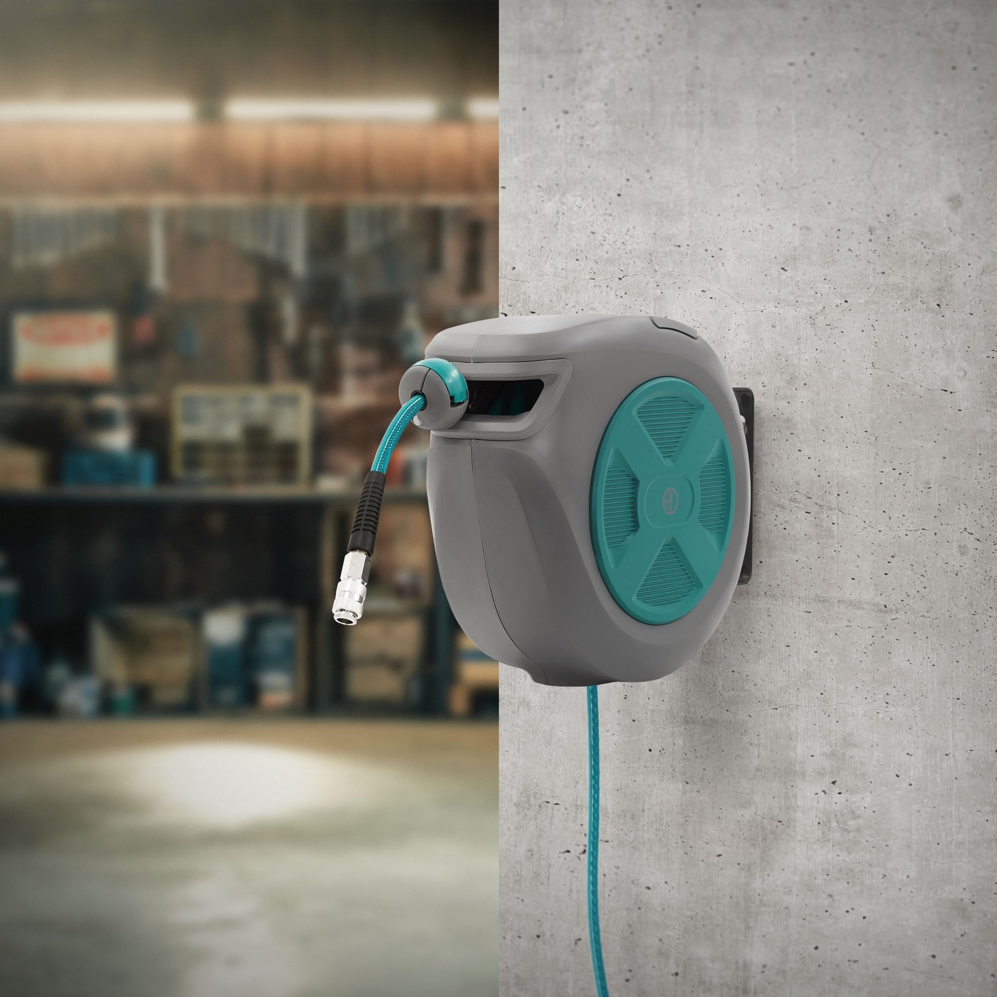 ECD Germany Carrete de Manguera de Aire Comprimido 15m + 1,5m Enrollador de Recogida Automática Conexión de 1/4" máx. 15 bar, Giratorio 180°, Ø12mm Portamangueras de Jardín con Kit de Montaje en Pared