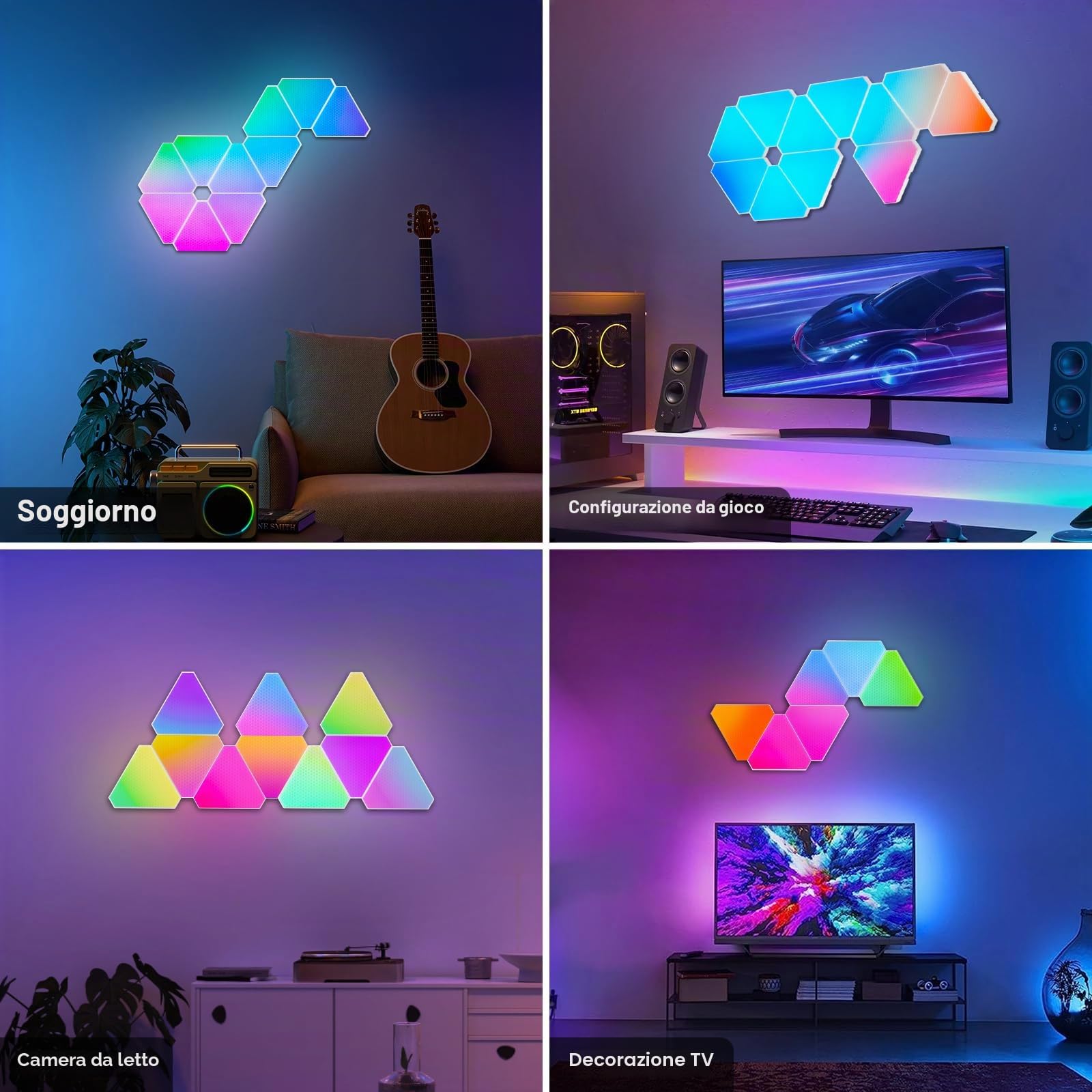 Pannelli LED Luci Triangolari Parete - 6pcs Smart RGBIC Pannelli Luminosi Lampada da Parete Interni Design - Gaming Accessori Light Sincronia Musica Componibili Luce per Stanza Wall