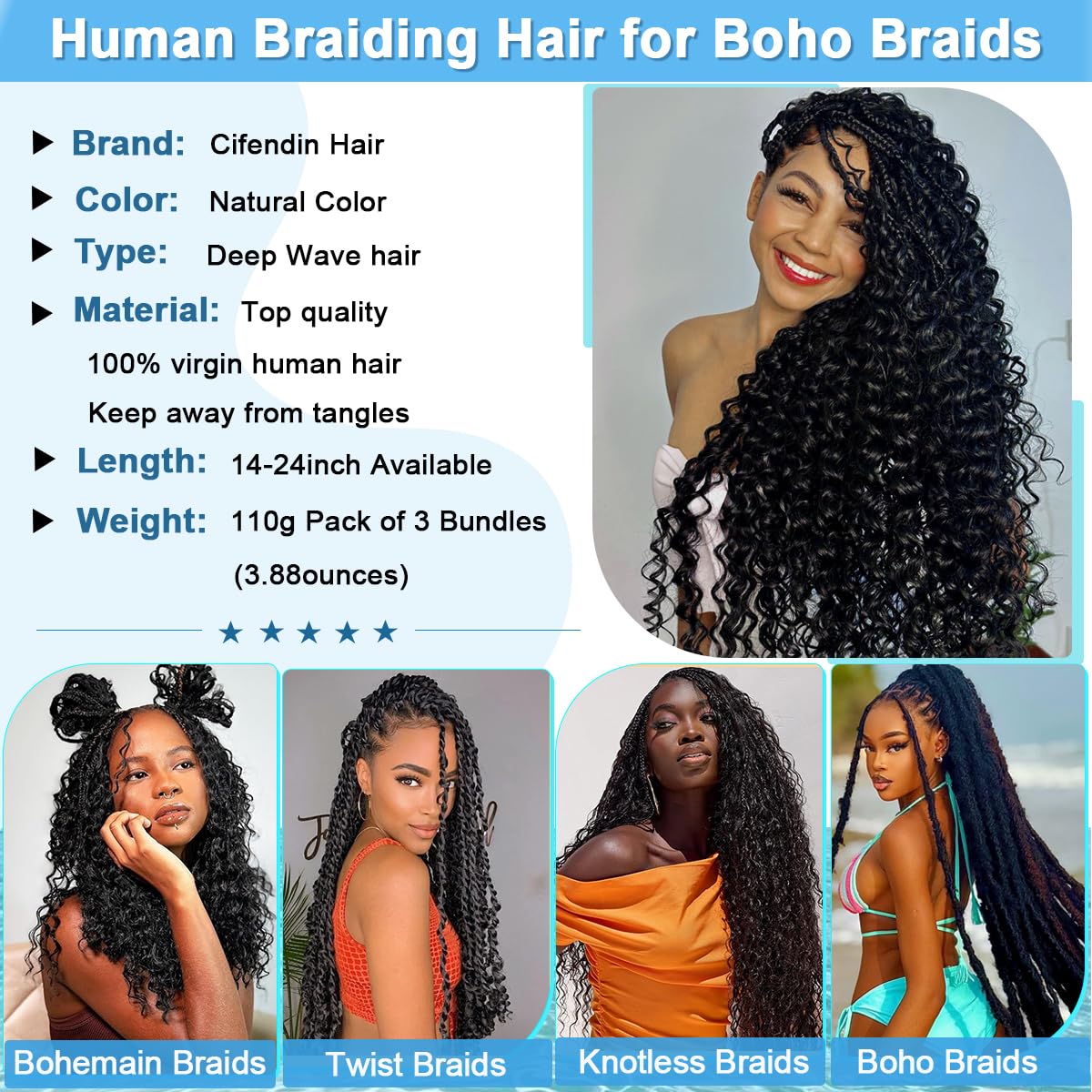 24 Inch Human Braiding Hair for Boho Braids 110g Deep Wave Boho Bulk Human Hair for Braiding Knotless 12A Curly Wet and Wavy Bohemian Braids No Weft 3 Bundles Natural Color