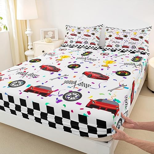Miniatura 4 de Juego de sábanas de 3 piezas con diseño geométrico a cuadros de coche de carreras rojo para niños, niñas y adultos, juego de sábanas coloridas de 3