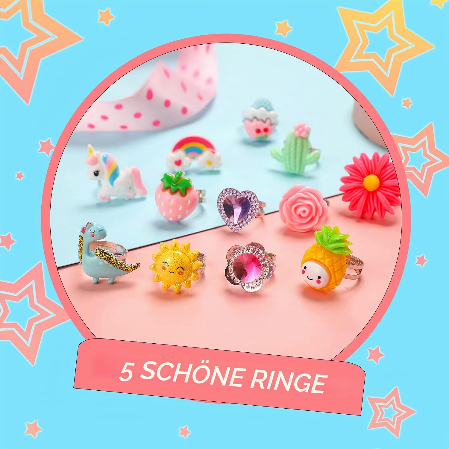 PinkSheep Einhorn Mädchen Ringe in a Geschenk Box, Verstellbar, Keine Duplikation, 24 Stück Mädchen Pretend Play und Dress Up Ringe