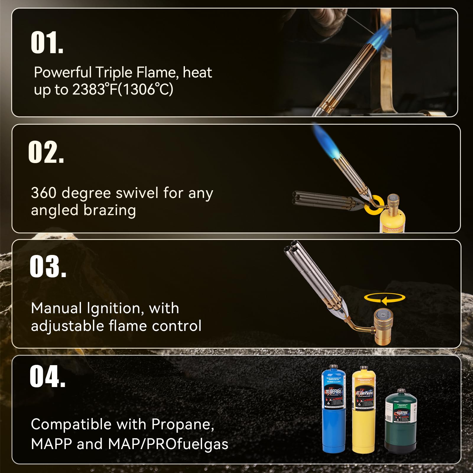 BLUEfire Torcia Turbo a getto a tripla fiamma, Trigger Start Cucina/Ricerca/Saldatura a gas, Carburante da MAPP/MAP Pro/Propano, Base stabilizzatrice libera!