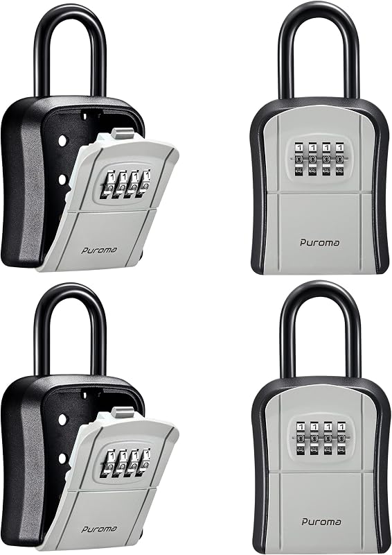 Puroma Key Lock Box Outdoor 4 Digit Code Combination Lockbox House, 4 Gray | For Contractors Guest Realtor Storage Keys, Portable, Home Wall Mount, Resettable, Combination, Weatherproof, High-capacity