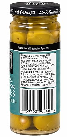 Sable & Rosenfeld Martini Tipsy Blue Cheese Olives Jar, 5 Ounce, Pack of 1 | Large Stuffed Green Olives, Cocktail Garnish, Perfect for Salads, Pantry and Gifting Favorite, Bold Taste, Pantry Staple