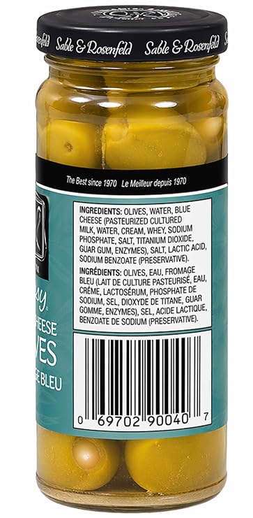 Sable & Rosenfeld Martini Tipsy Blue Cheese Olives Jar, 5 Ounce, Pack of 1 | Large Stuffed Green Olives, Cocktail Garnish, Perfect for Salads, Pantry and Gifting Favorite, Bold Taste, Pantry Staple