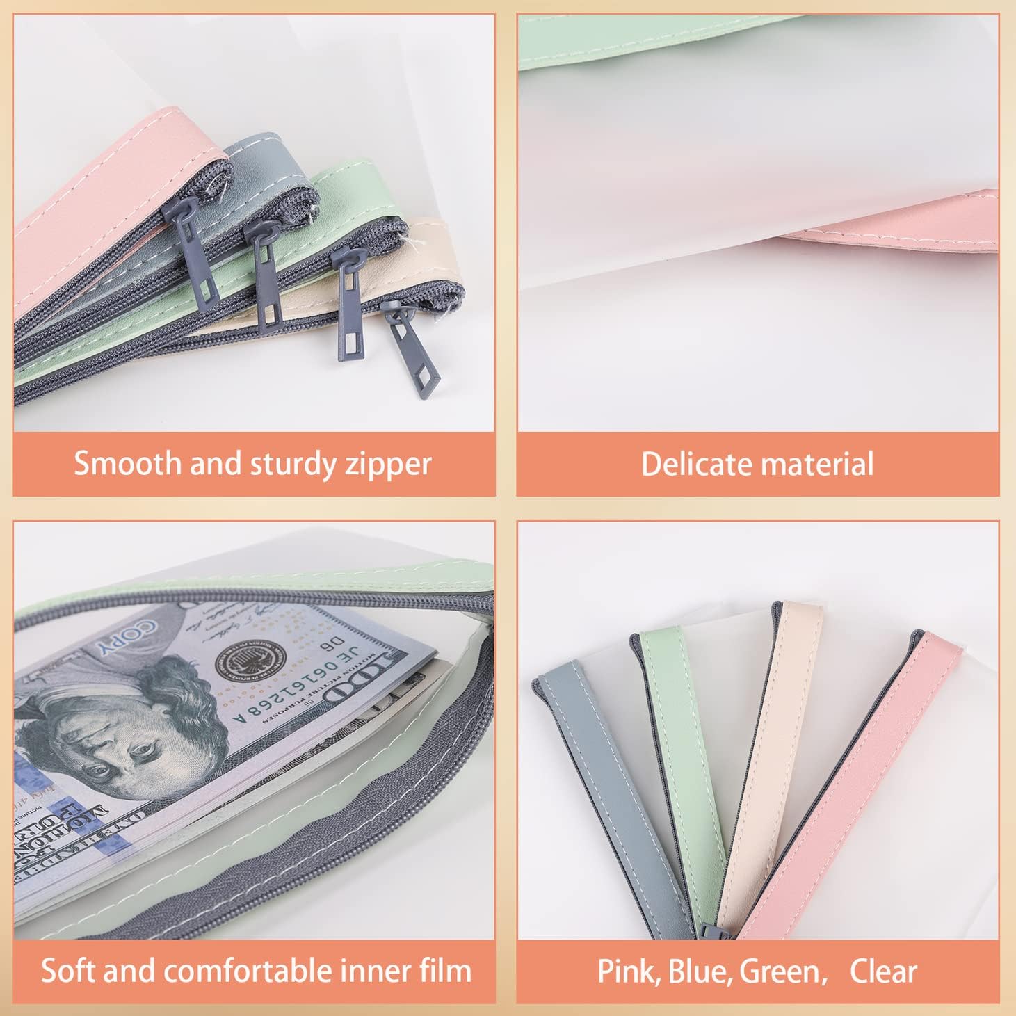 VOCHIC 4-Piece Multi-Purpose Money Bag - Money Bags with Zipper, Money Pouch Set 7.6 X 3.7 Inch, Clear Zipper Cash Envelopes, Bank Deposit Bags for Coins, Invoice, Makeup Bills Receipts Tool Storage - Image 4