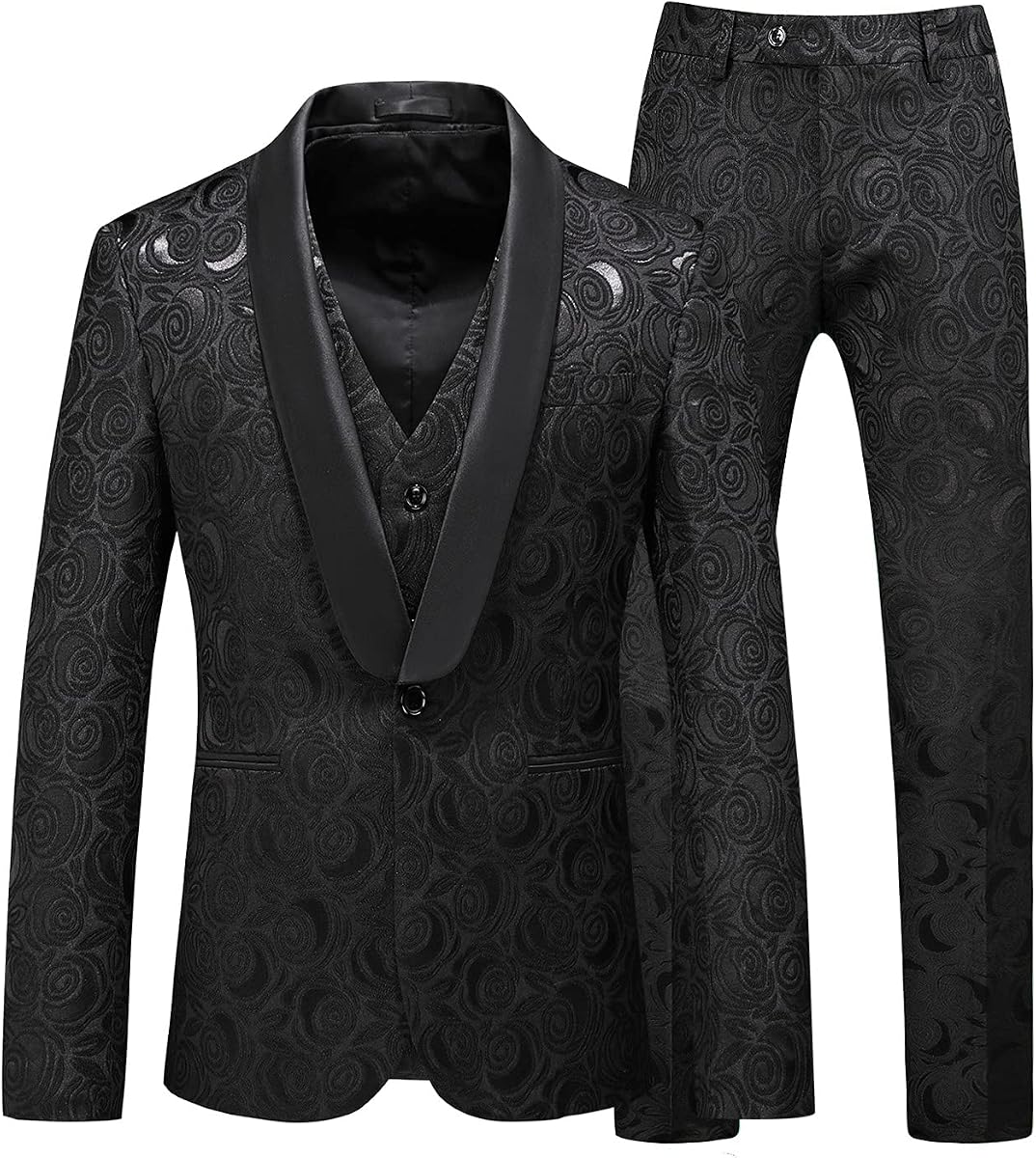 MOGU Suits for Men, Floral Tuxedo Set with Shawl Lapel, 1-Button Blazer, Vest & Elastic Waist Pants, 3-Piece