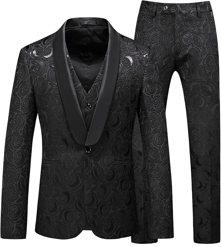 MOGU Suits for Men, Floral Tuxedo Set with Shawl Lapel, 1-Button Blazer, Vest & Elastic Waist Pants, 3-Piece
