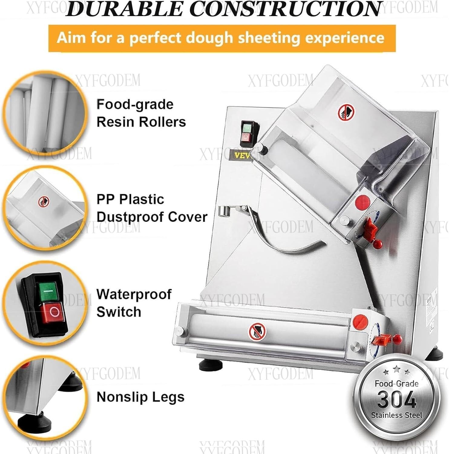 Automatische Pizzateigmaschine, Edelstahl, 370 W, verstellbare Dicke, ideal für Nudeln, Brot und Nudeln, 30 cm
