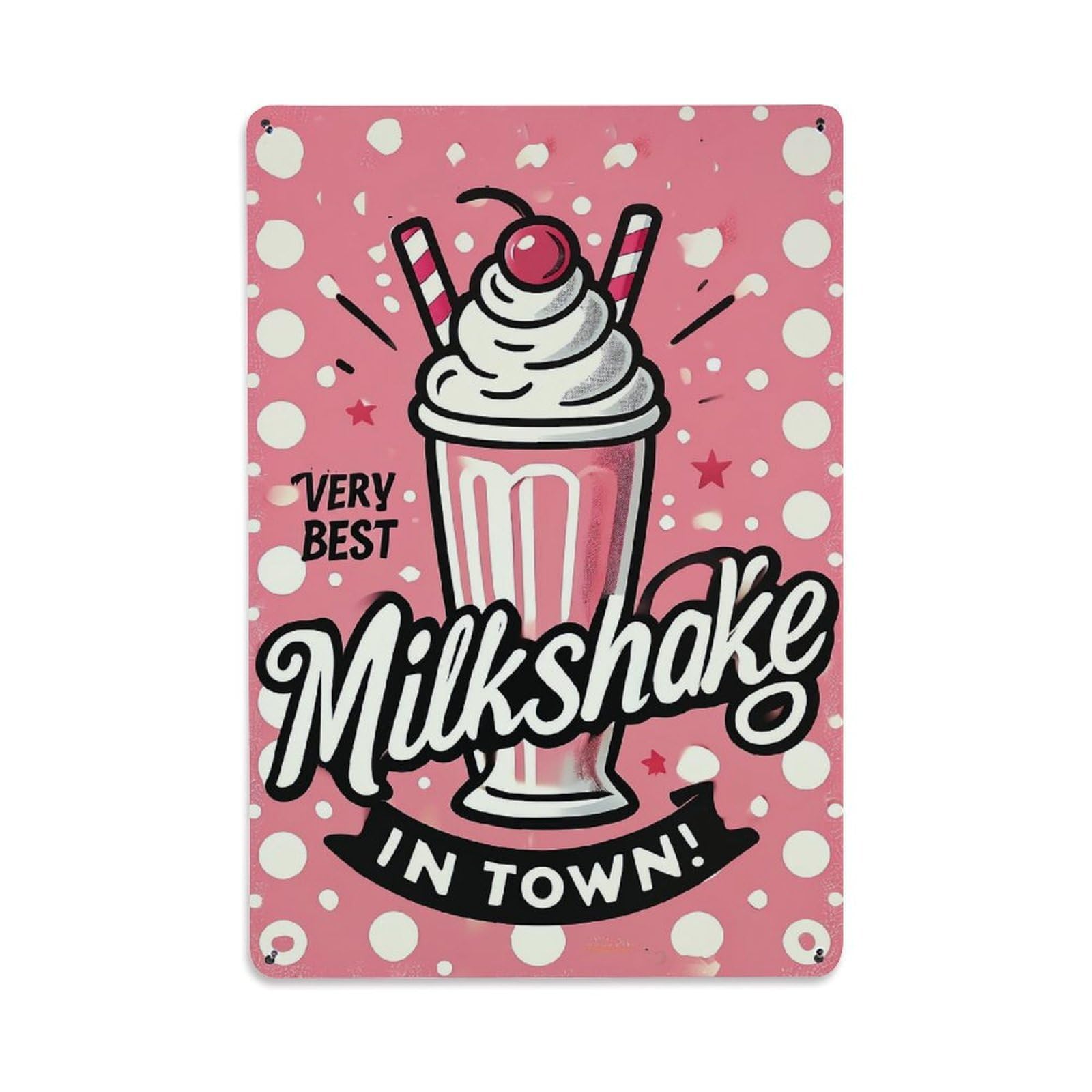 Jdfenggu Vintage Pink Polka Dot Background Milkshake With Cherry Striped Straws Retro Metal Tin Sign, Decor Art Poster For Bar, Home, Man Cave, Kitchen, Laundry Room Gift 8X12inch