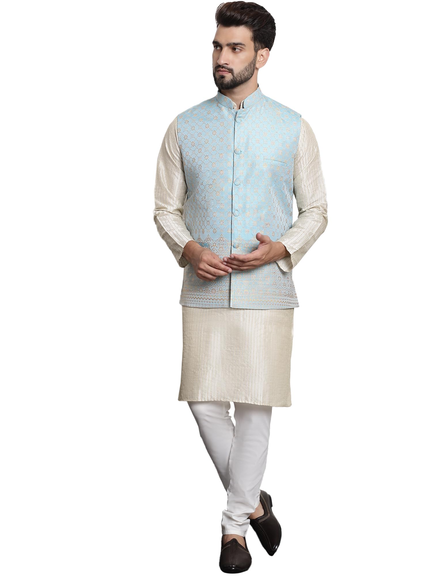 Sojanya (Since 1958 Men's Silk Blend Cream Kurta And Off-White Pyjama With Blue Nehru Jacket