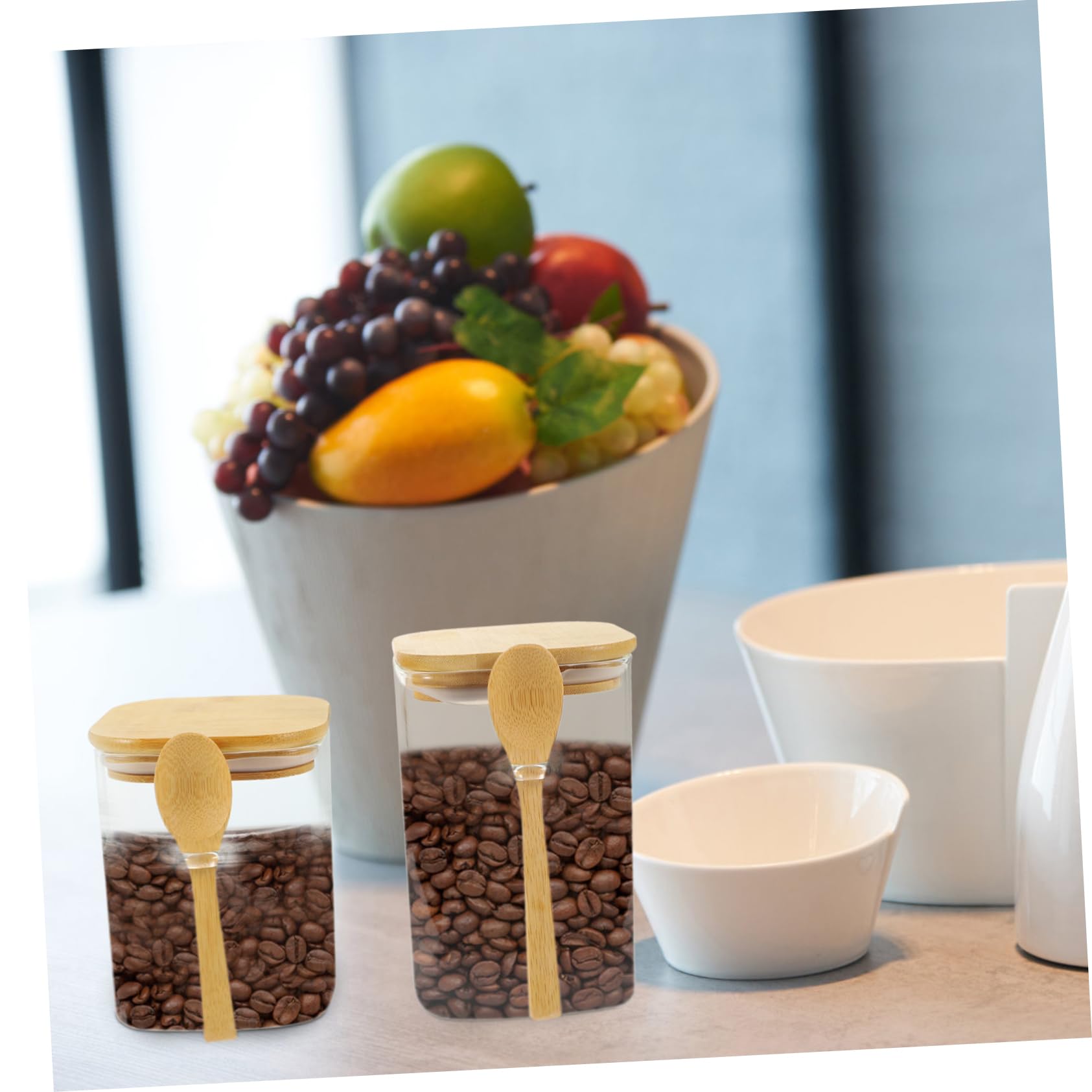 Zerodeko Kaffeebohnen Behälter 2 Stück Glas mit Holzlöffel, Luftdicht | 800ml und 1000ml, Breite Öffnung, zur Aufbewahrung Trockener Lebensmittel