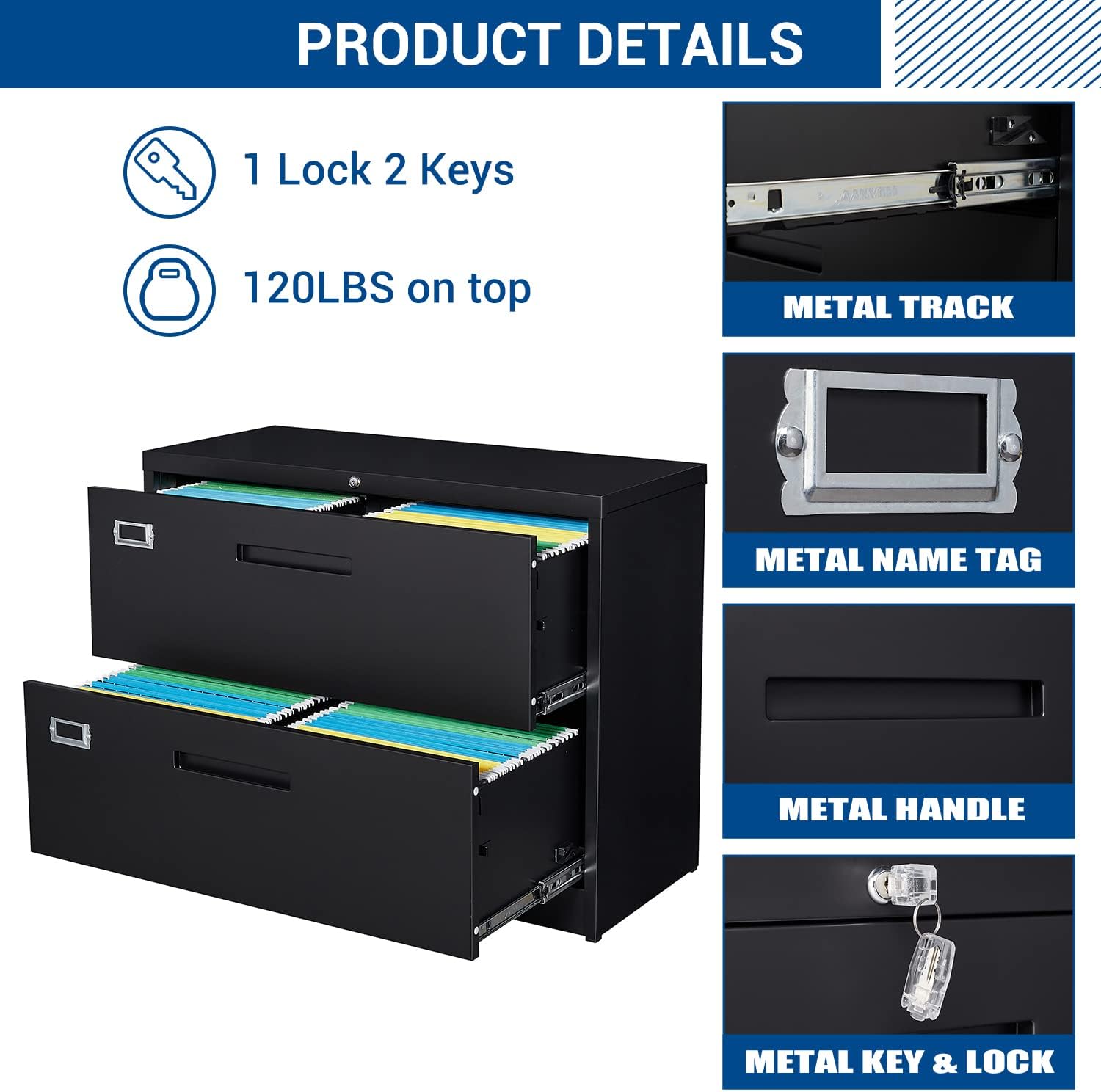 Black and Gray Metal 2-Drawer Lockable Lateral File Cabinet