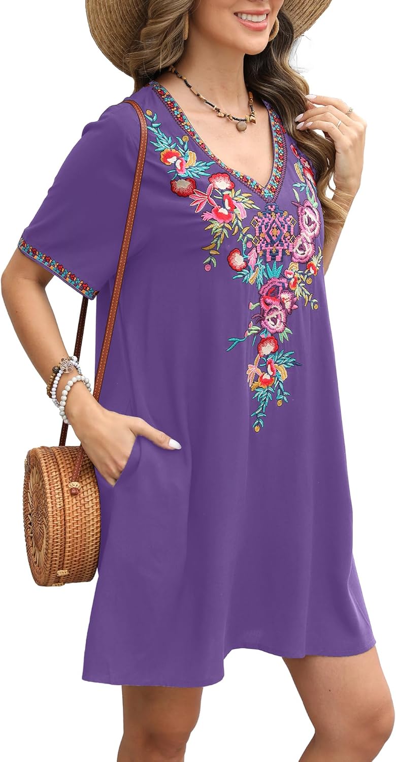 Grosy Fiesta Embroidered Mexican Dress for Women Beach Vacation Plus Size Short Sleeve Summer Boho Dresses with Pocket - Image 3