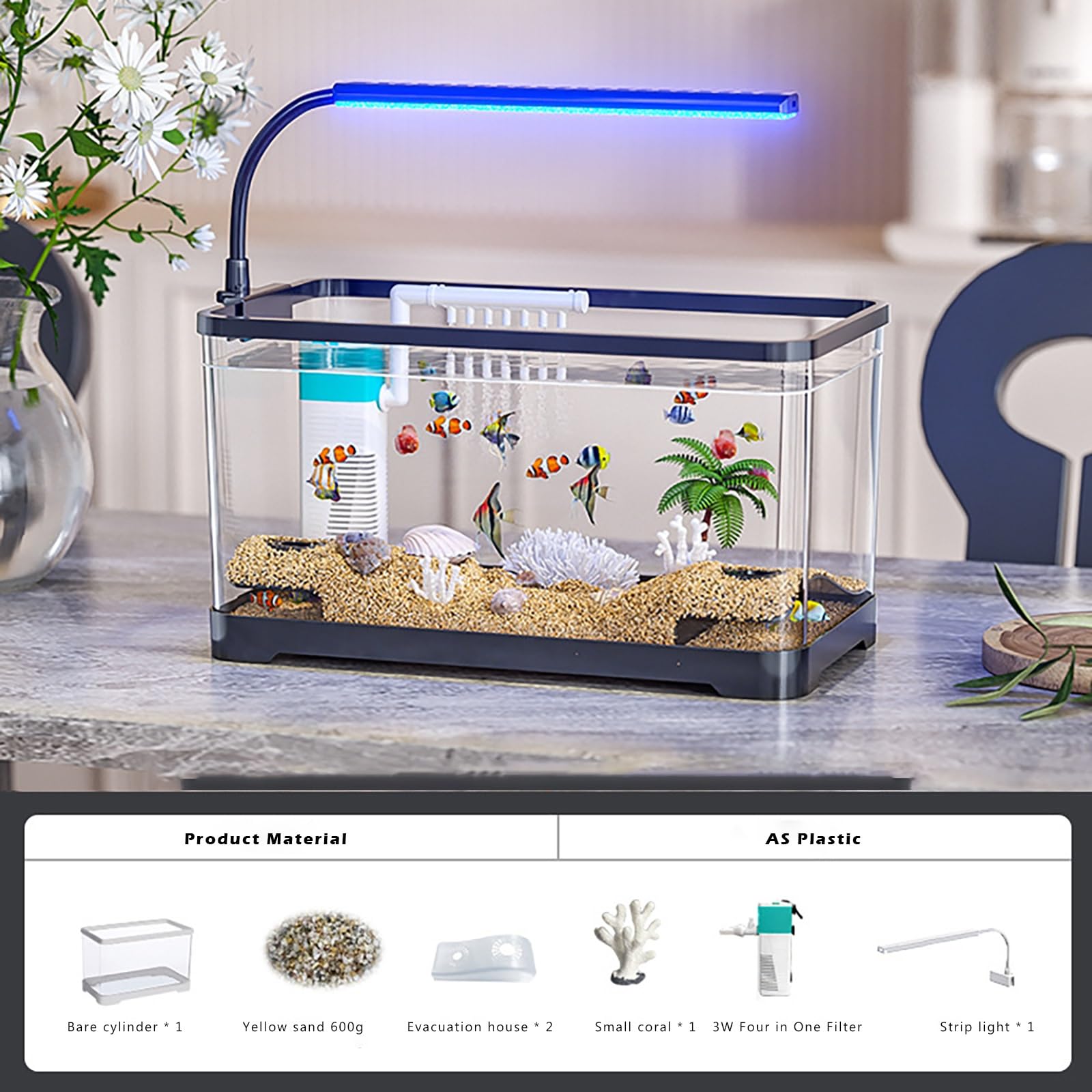 TaLcuS Transparentes Aquarium mit Clip-On-Lampe, Aquarium, kleines Desktop-Aquarium-Set, dekorativ for Betta-Fische, Garnelen, Goldfische im Wohnzimmer, Büro(Black,L)