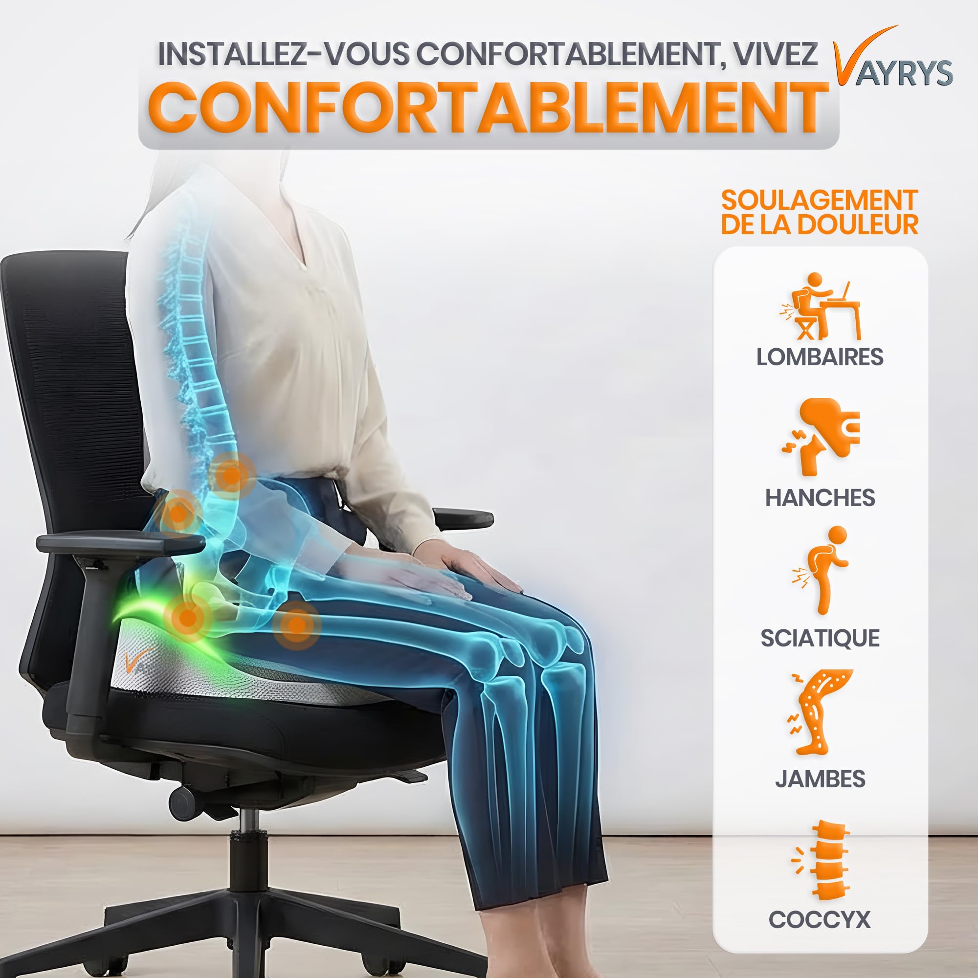 Coussin Ergonomique Assise – Mousse Mémoire de Forme – Coccyx, Bureau, Voiture – Soutien Lombaire, Respirant, Housse Amovible (Gris)