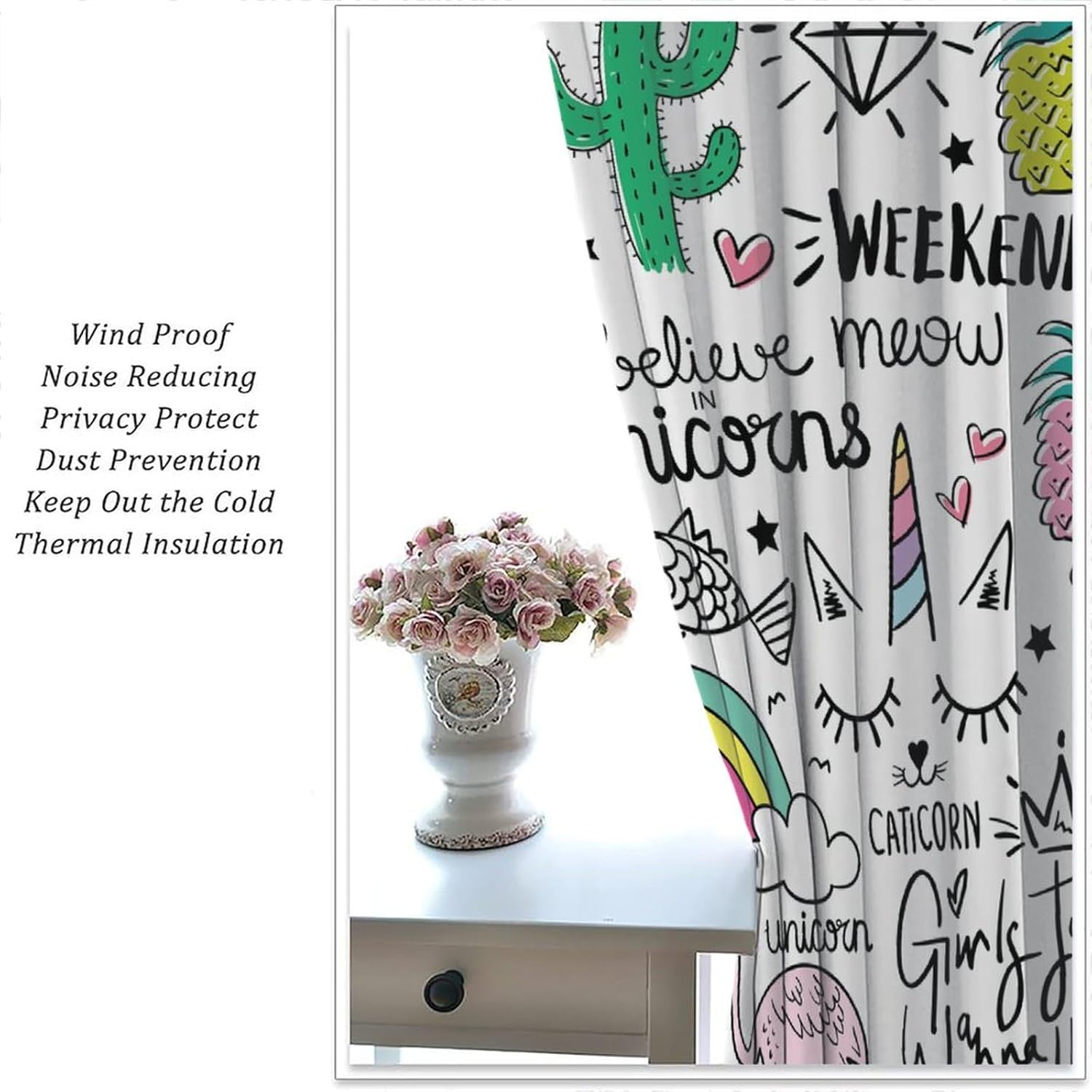 JESTRONRY Kids Unicorn Window Curtains, Cute Flamingo Pineapple Cactus Rainbow Thermal Drapes Window Treatments for Girl Bedroom 63x63 Inch Blackout