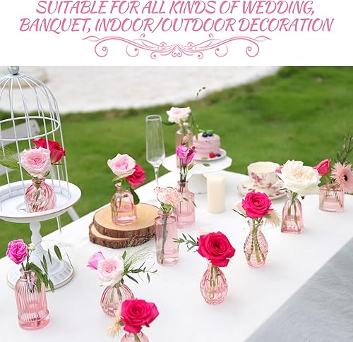 Miniatura 5 de Jarrón rosa, juego de 12 jarrones pequeños de vidrio rosa para flores, moderno jarrón de vidrio acanalado para decoración de boda, florero de flores