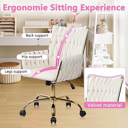 Miniatura 5 de CLATINA Silla de tocador moderna de terciopelo cómoda, linda silla de niña con base dorada y ruedas, silla de escritorio giratoria ergonómica