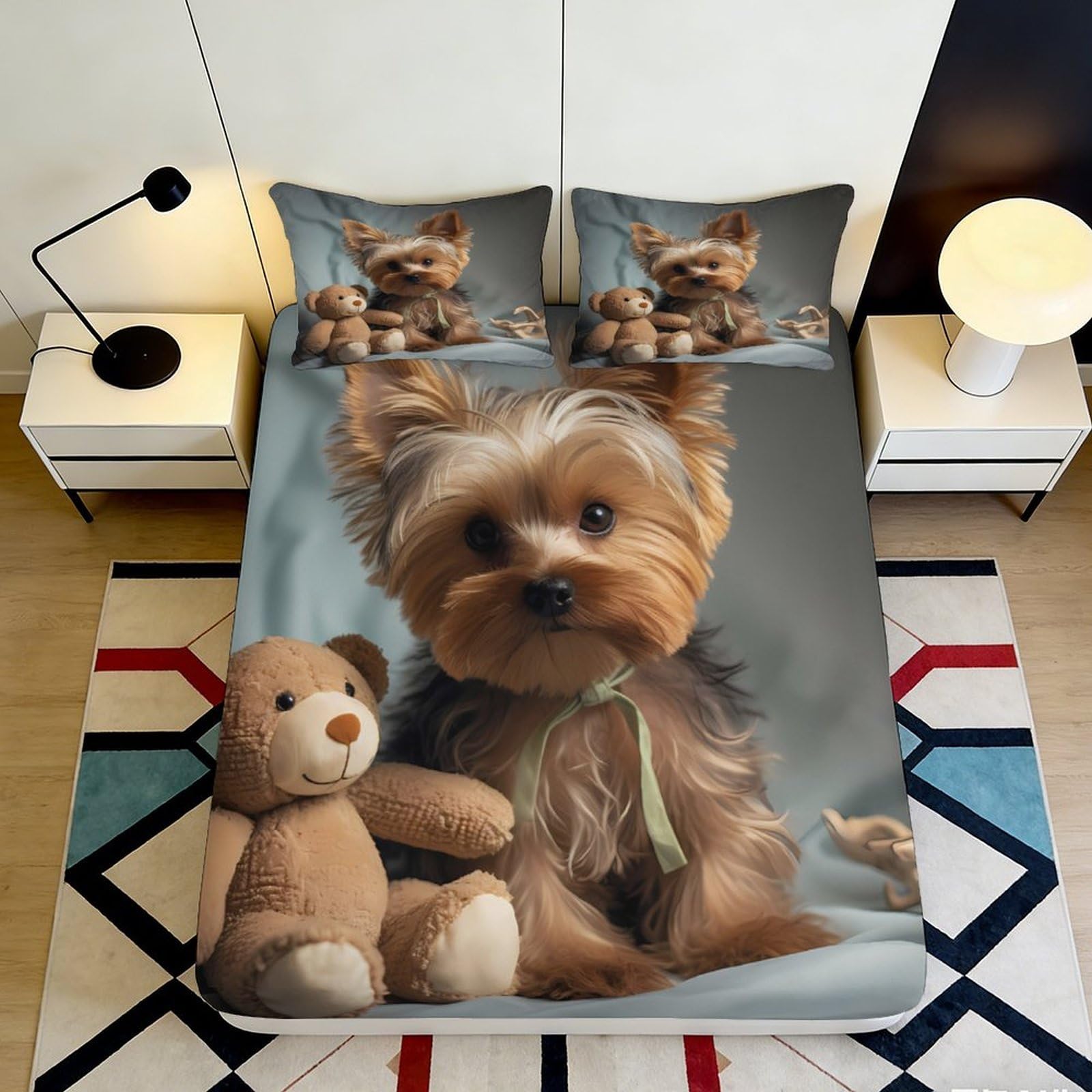 3D Printed Yorkshire Terrier Fitted Sheet Microfiber Soft Breathable Teddy Bear Bed Cover for Bedroom Dorm Decor Easy Care 90x200x25cm