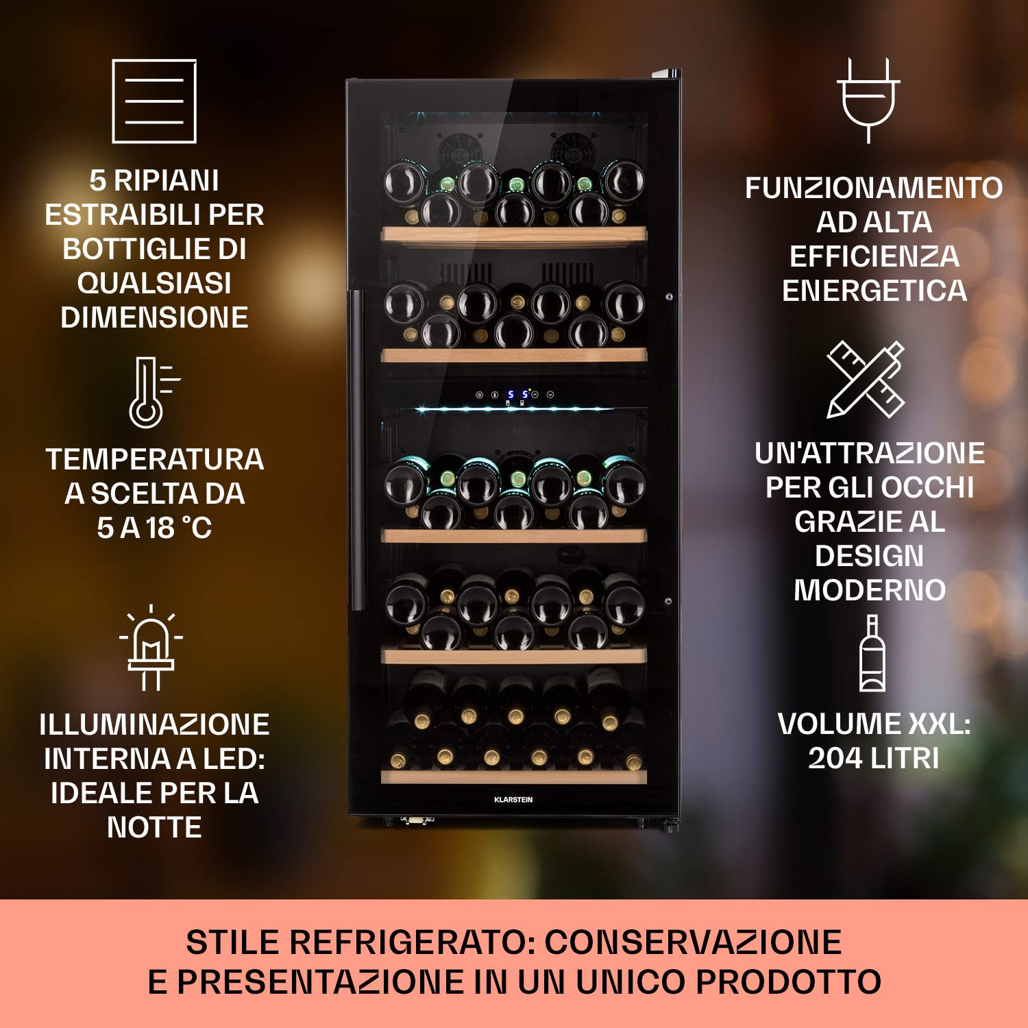 KLARSTEIN Cantinetta Vino, Cantinetta Vino Refrigerata a Zona Doppia per Interno/Esterni, Frigo Bar, Cantina Vino con Vetrina, Mini Bar con Protezione UV, Frigo Vino Touch, 5-18°C, 79 Bottiglie