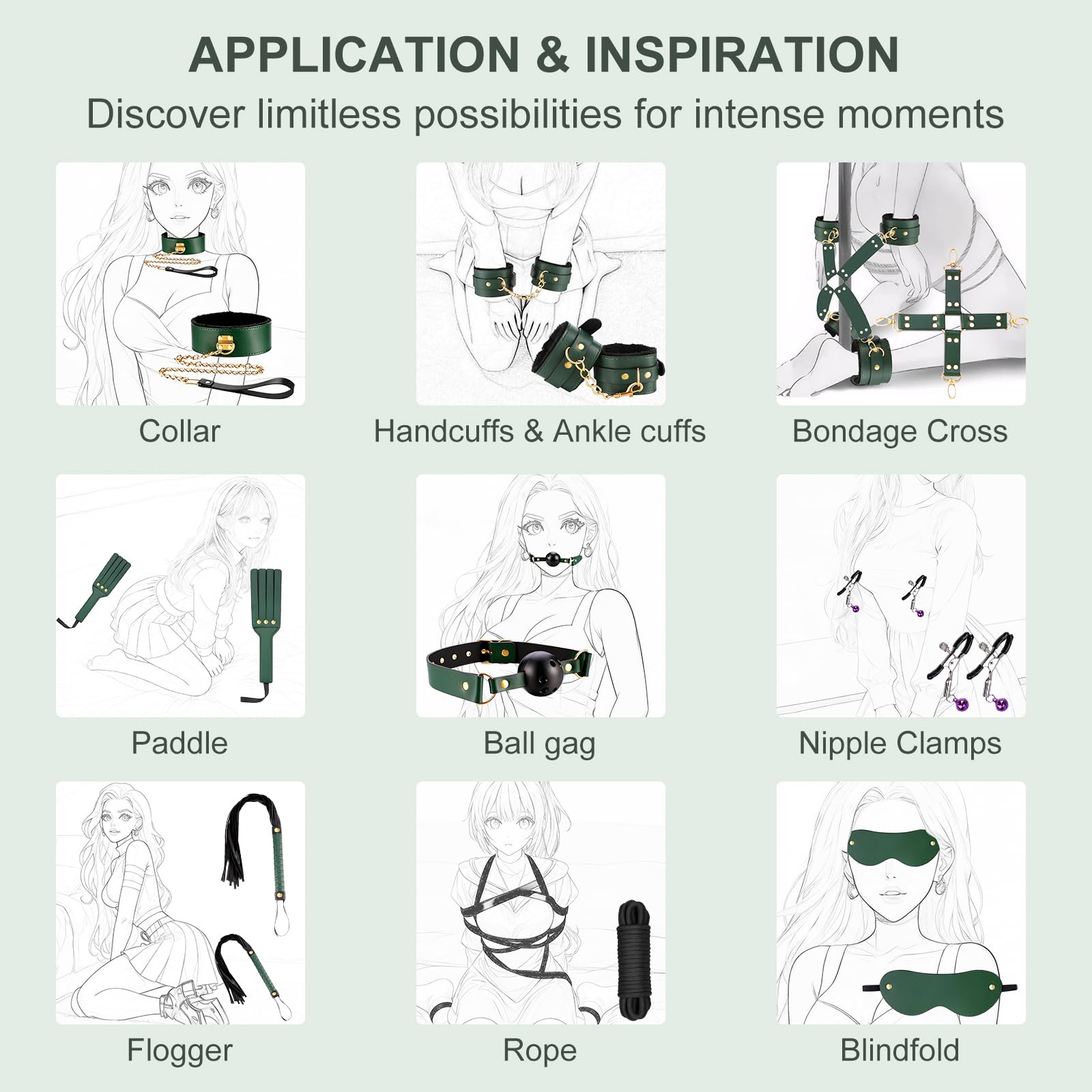 Bondage Set 15 Pièces BDSM Kit de Contrainte Réglable pour Couples avec Menottes Bandeau Bâillon & Fouet Équipement de Bondage pour Débutants à Avancés Durable et Doux pour la Peau (Vert)