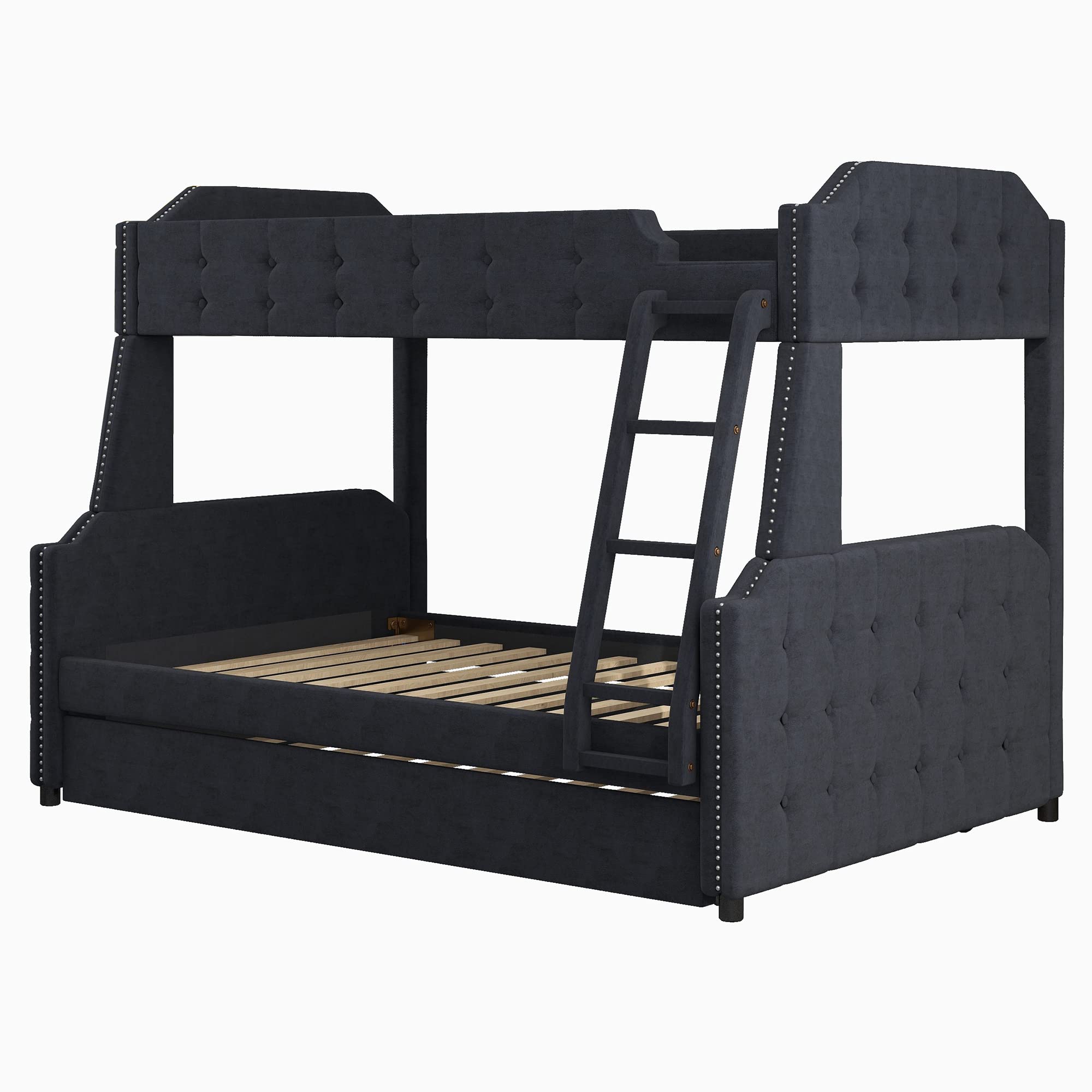 RUNWON Twin Over Full Bunk Bed,Velvet Upholstered Tufted Button Design with Trundle and Ladder,Black ((Box 1 Of 2))