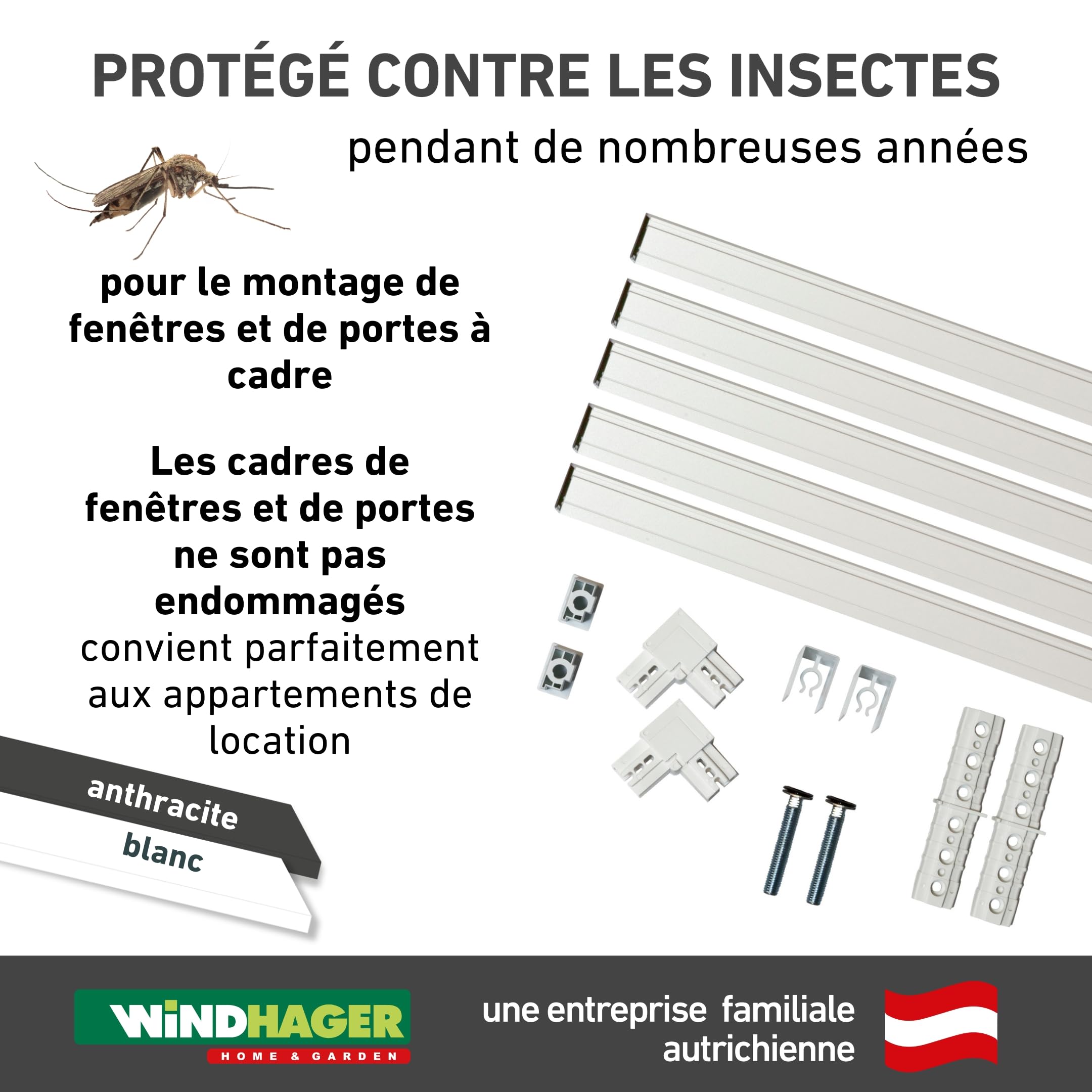 Windhager Moustiquaire Huisserie pour Porte Battante, Cadre de Protection Contre Les Insectes sans perçage pour fenêtres et Portes, 125 x 245 cm, Anthracite