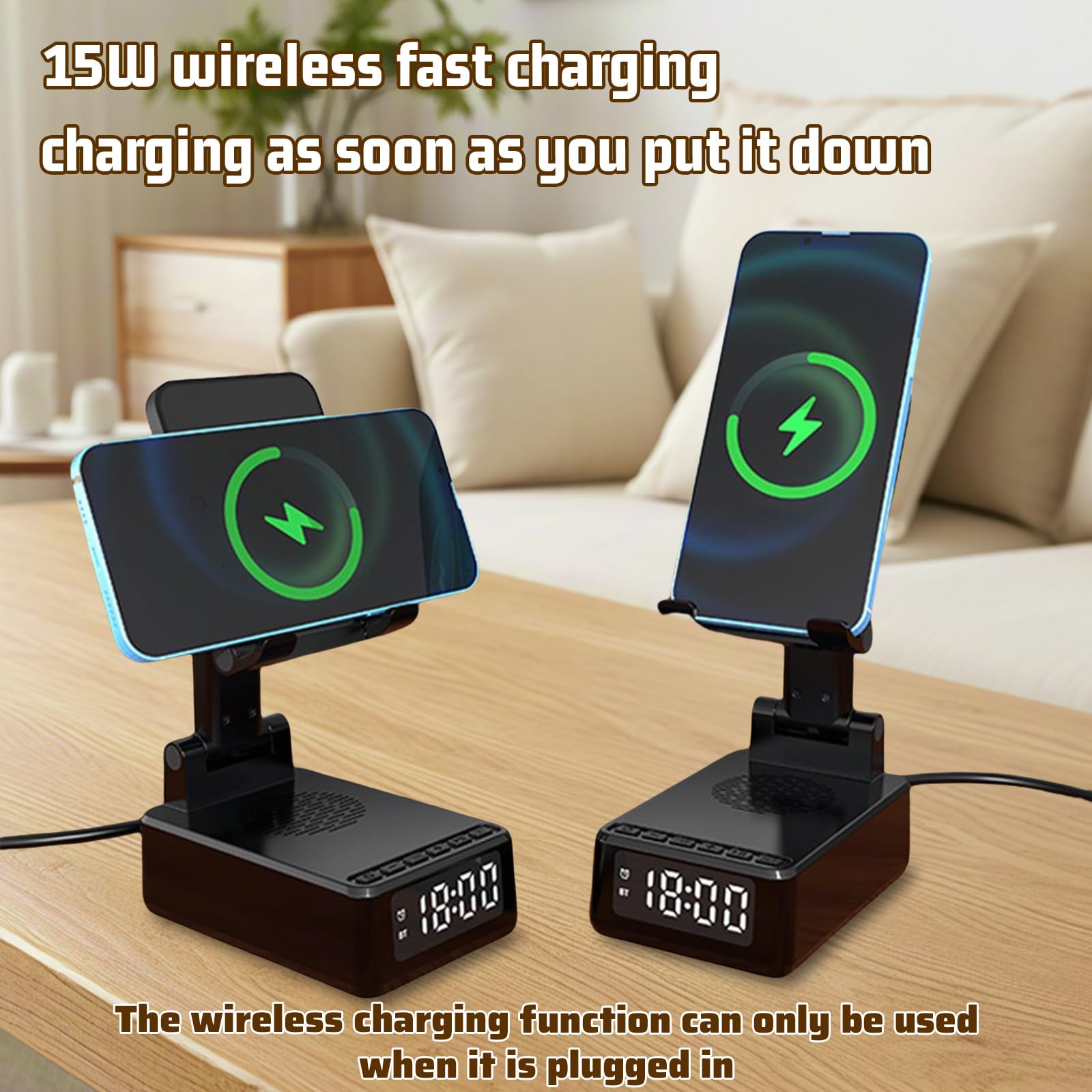 Flintronic Casse Bluetooth Portatile 5.3, 4 In 1: Speaker Wireless Con Supporto Telefono, Ricarica Wireless E Sveglia, 1500mAh, Nero