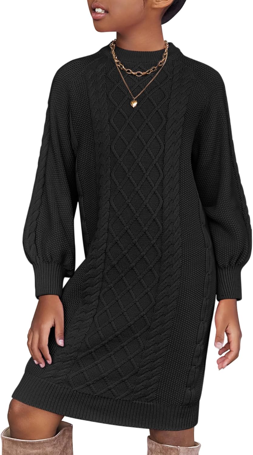 Arshiner Girl's Sweater Dress Puff Long Sleeve Casual Cable Knit Pullover Fall Dresses for 6-12 Years
