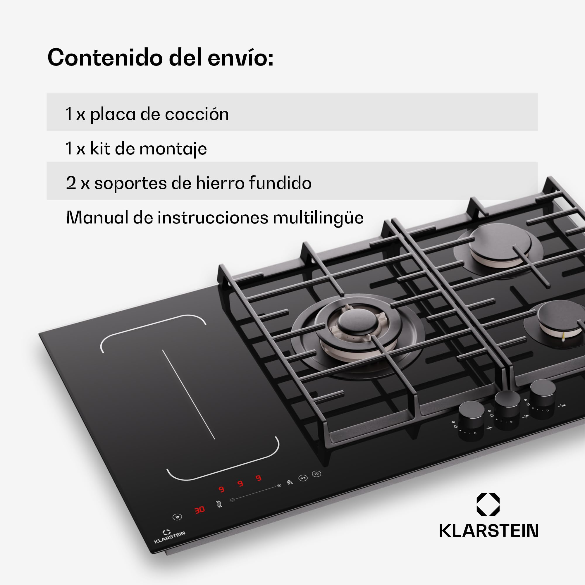 Klarstein MultiChef 5 Placa Mixta Gas Inducción - 5 Zonas (3 Gas, 2 Inducción), Flexzone, Control Deslizante, Stop&Go, Temporizador, 10.6Kw, Negro